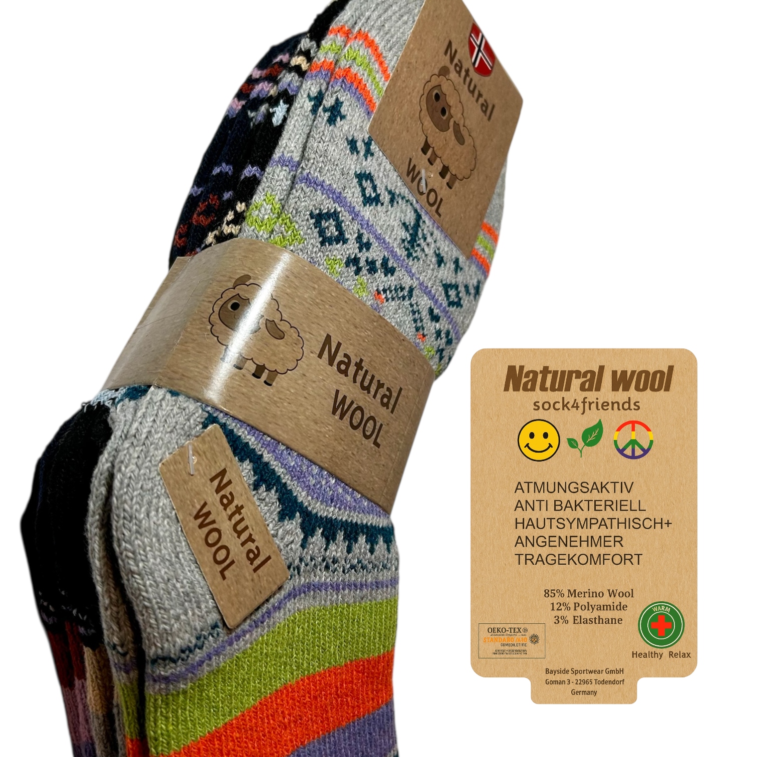 3x Pletené zimní ponožky z merino vlny Highland, Silné, Dárek