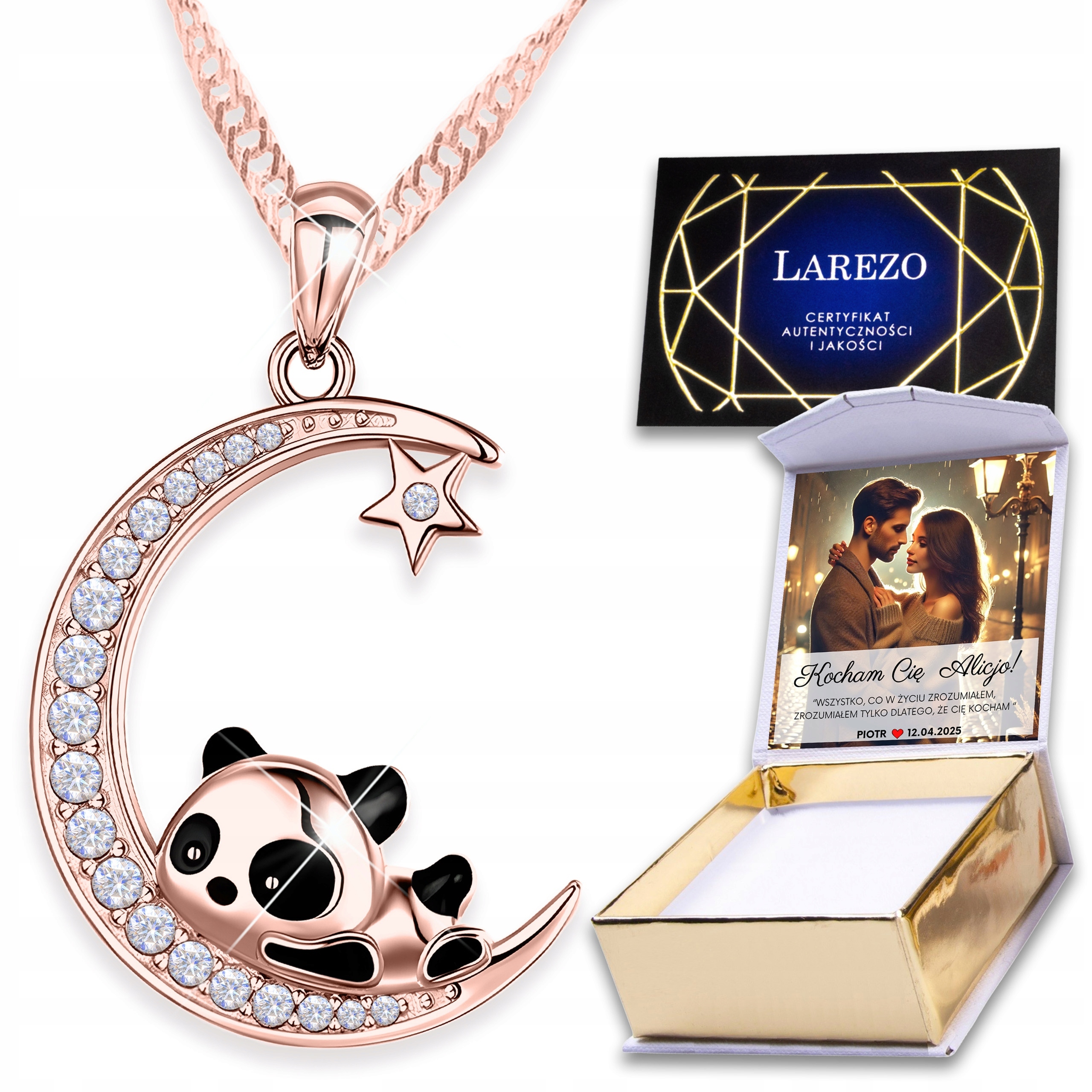 Náhrdelník Pozlacený Měsíc s Pandou Zvíře Přátelství Půlměsíc Potisk