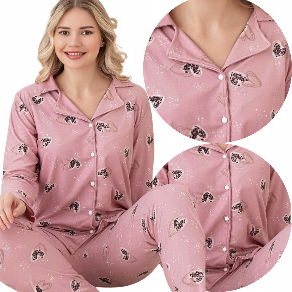 Piżama Damska Dwuczęściowa Bawełniane Ciepłe Rozpinana Długi Rękaw Spodnie