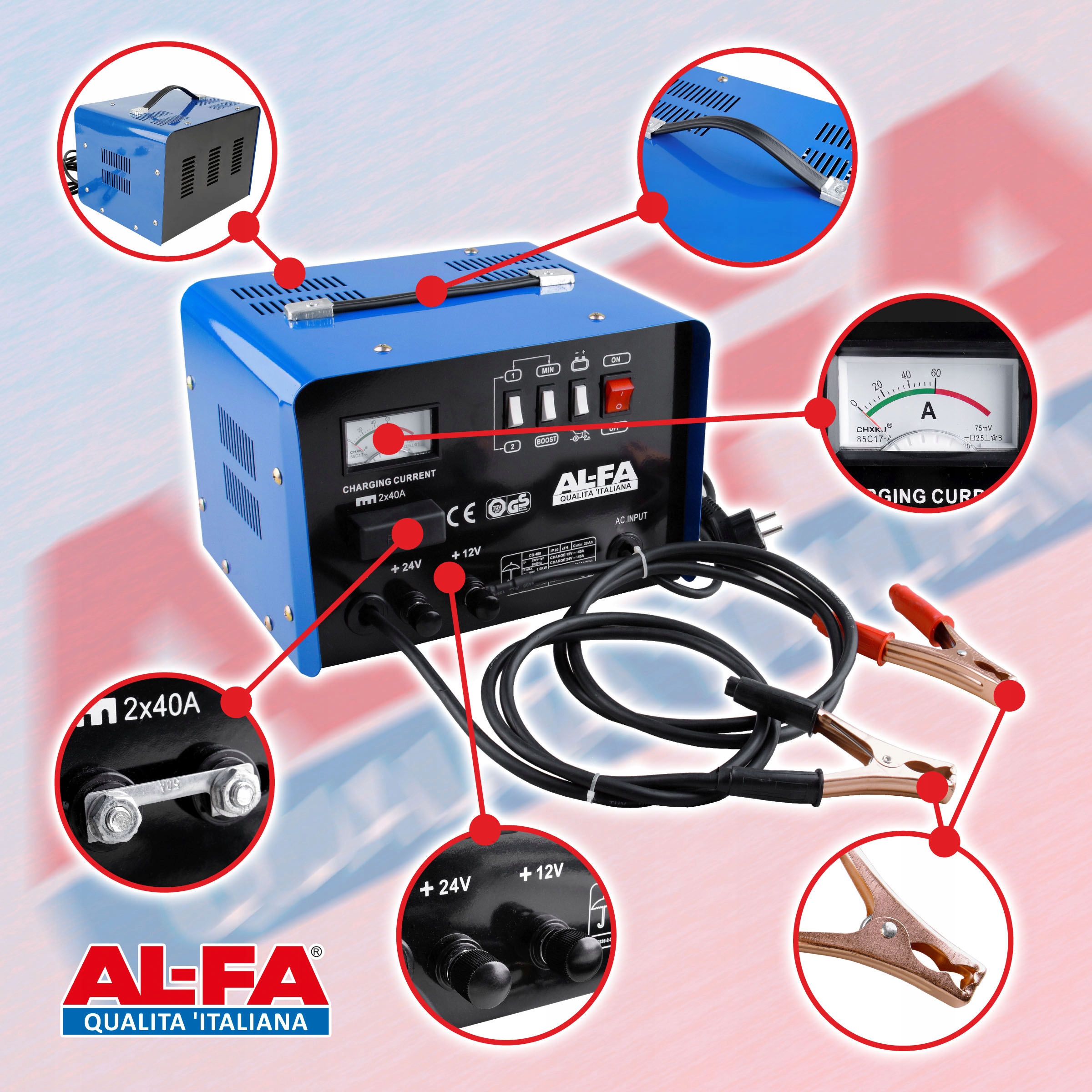 PROSTOWNIK Z ROZRUCHEM SAMOCHODOWY DO ŁADOWANIA AKUMULATORÓW12V/24V ROZRUCH Marka AL-FA