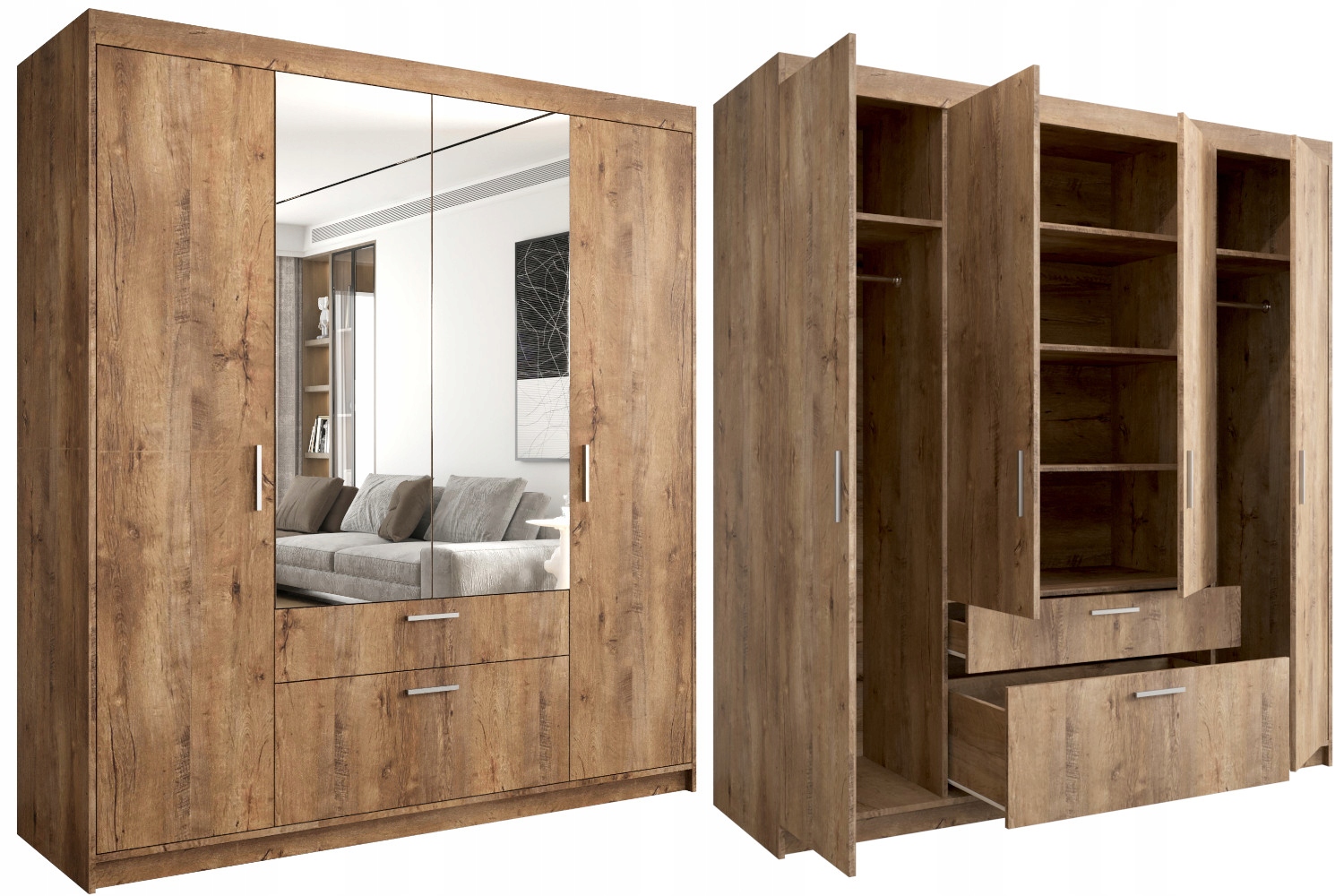 Skříň 4-dveřová 175 Zrcadlo Zásuvky Lefkas LESZ23 Prostorná šatní skříň O-sofa