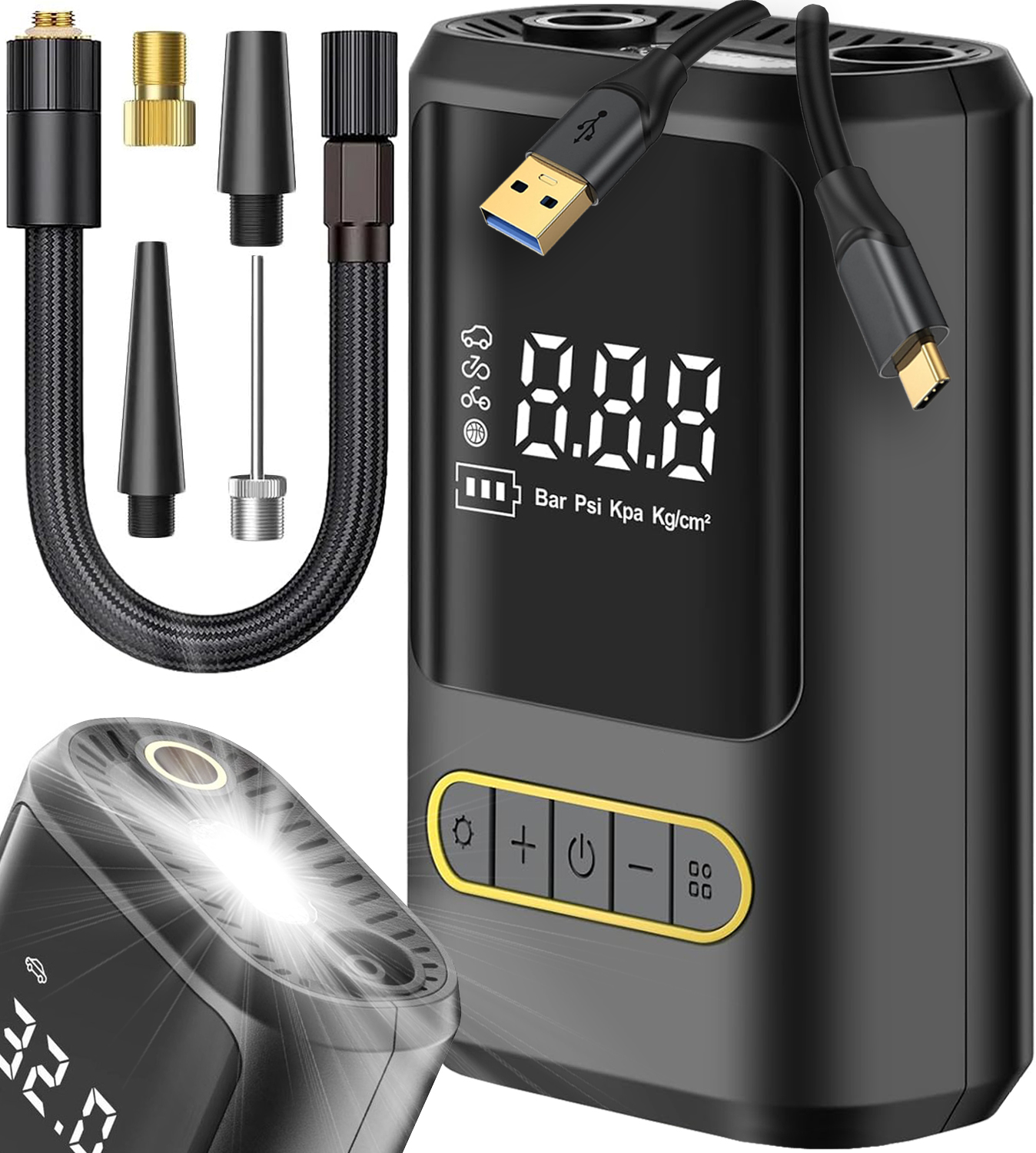 Pompka ROWEROWA ELEKTRYCZNA Kompresor SAMOCHODOWY Aku 4000mAh + POWERBANK
