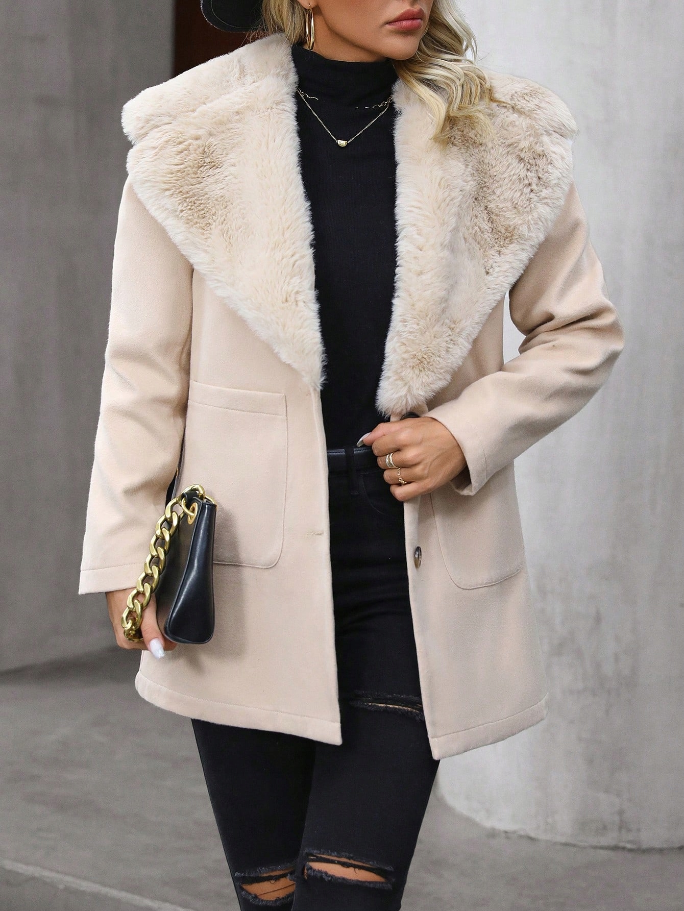 ELEGANCKI PŁASZCZ ZIMOWY DAMSKI JESIENNY OCIEPLANY Z FUTERKIEM CIEPŁY Rozmiar S