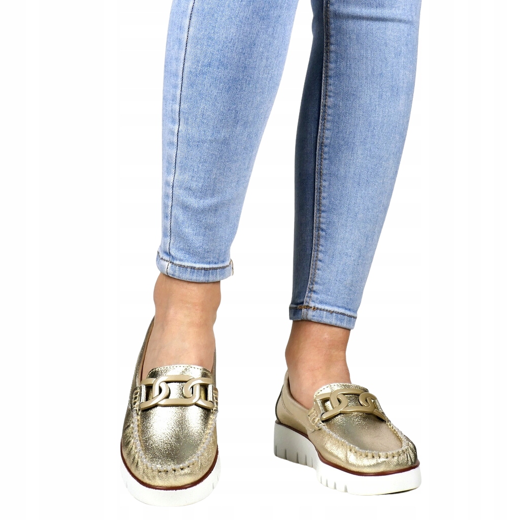 Dámské Kožené Mokasíny S Řetízkem, Zlaté, New 40