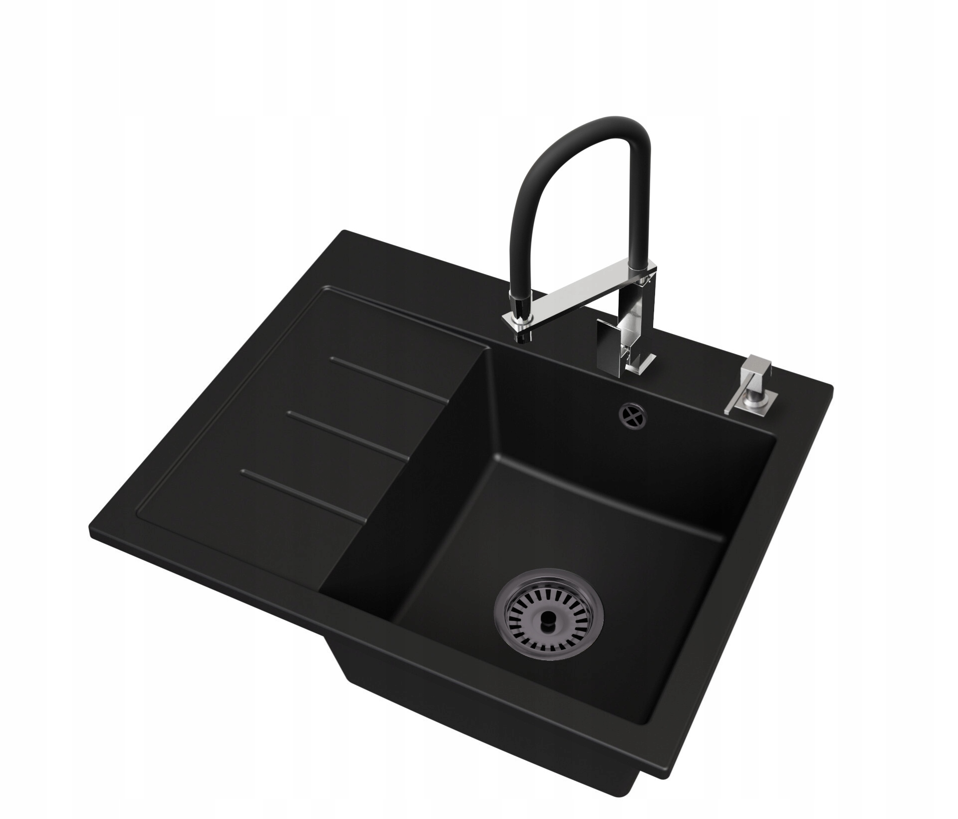 Dřez Exclusive 60 Levý Sifon Černá Baterie Luk Chrom Dávkovač