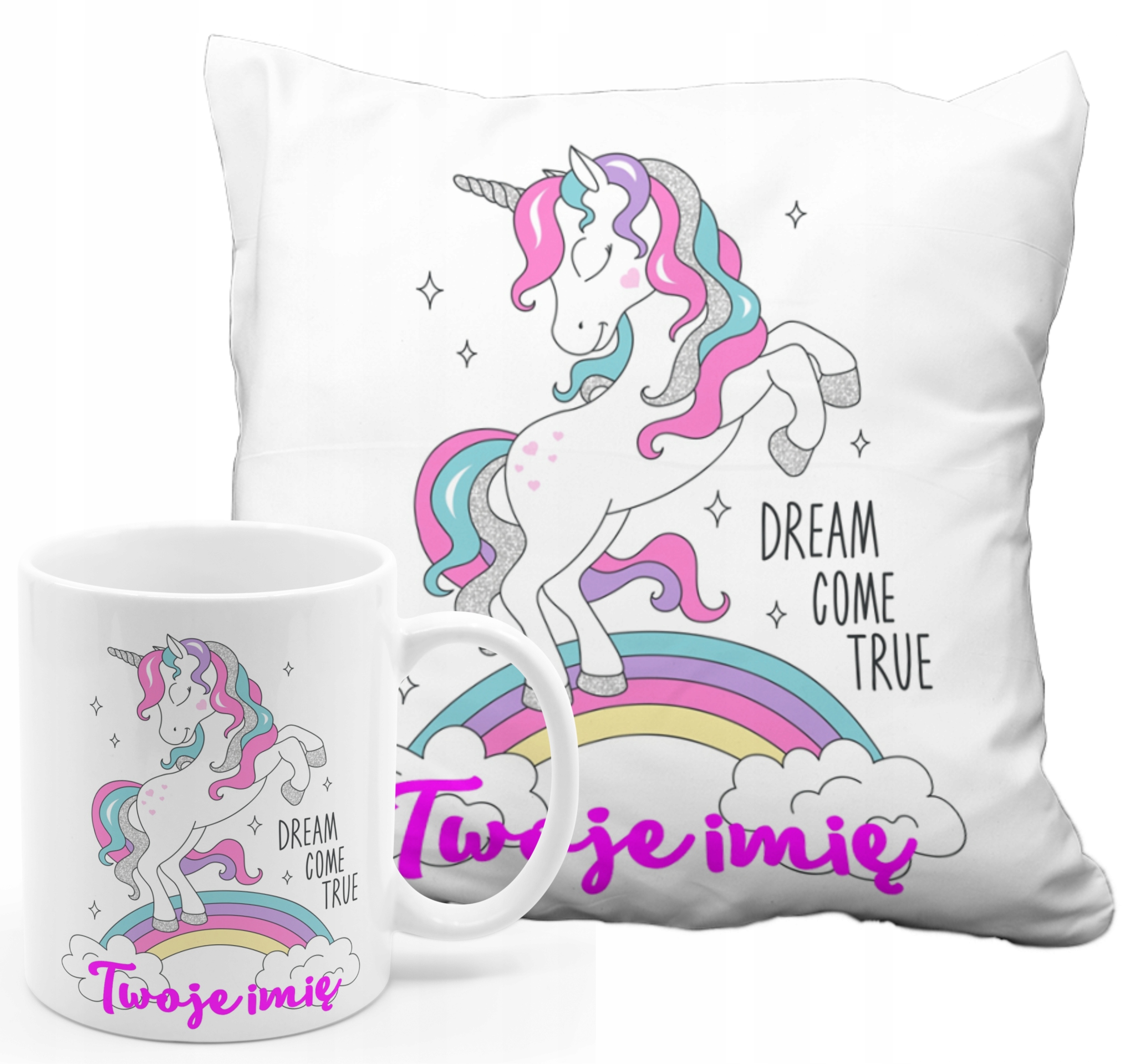 KUBEK PODUSZKA UNICORN JEDNOROŻEC Z DOWOLNYM IMIENIEM TEKSTEM NA PREZENT