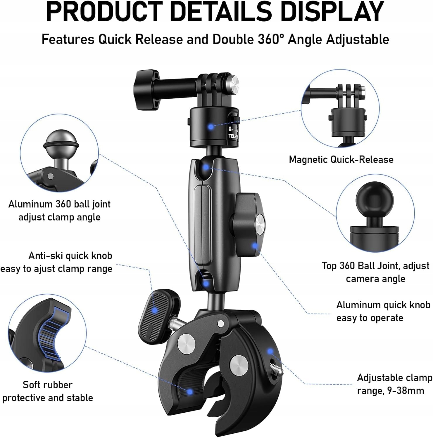 TELESIN Uchwyt Kierownicy Motocykl Rower GoPro Insta360 DJI 360 — miniatura 7