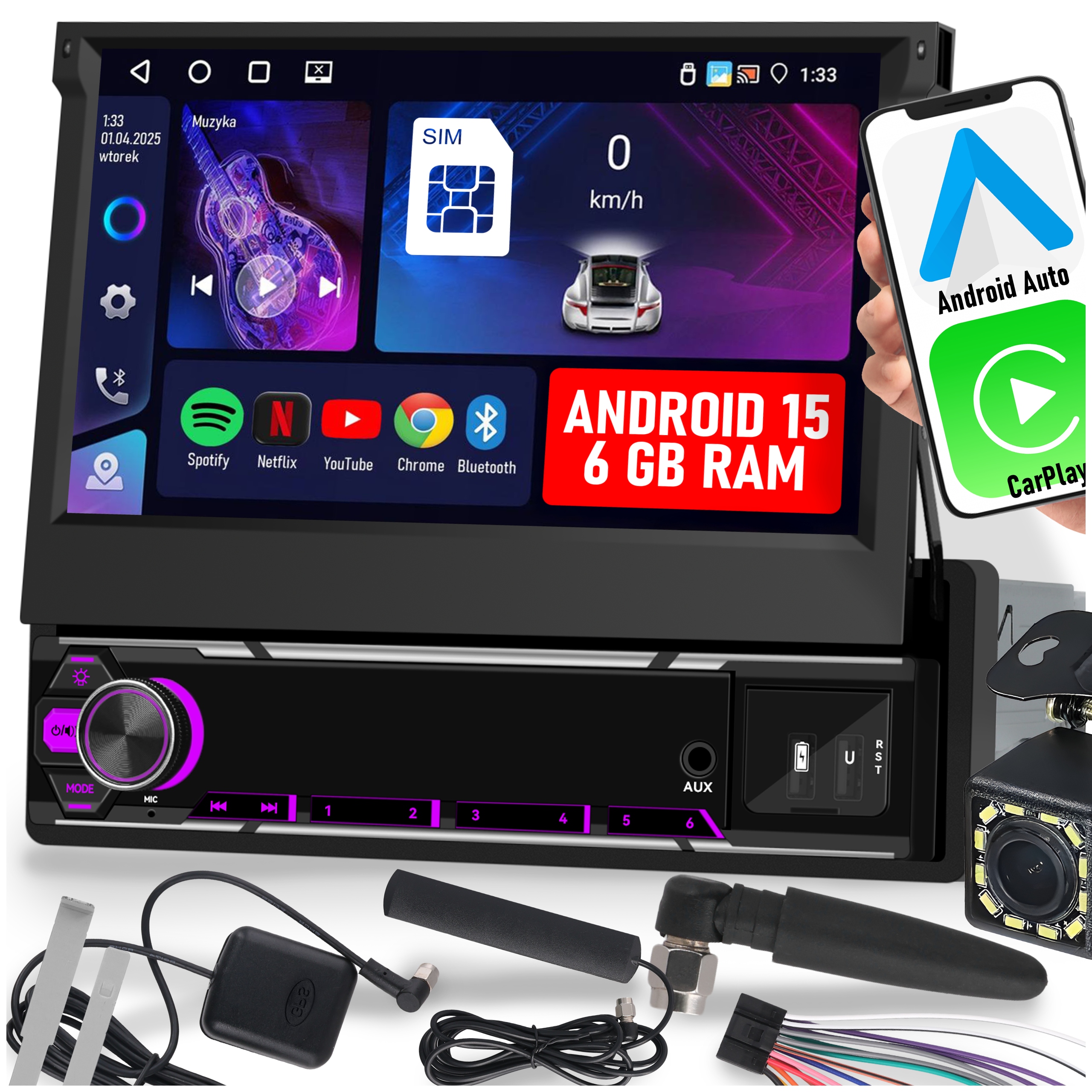 Autorádio 1 Din 7'' 4G Sim Carplay Wifi Rds Výsuvný Displej 6/128 Gb
