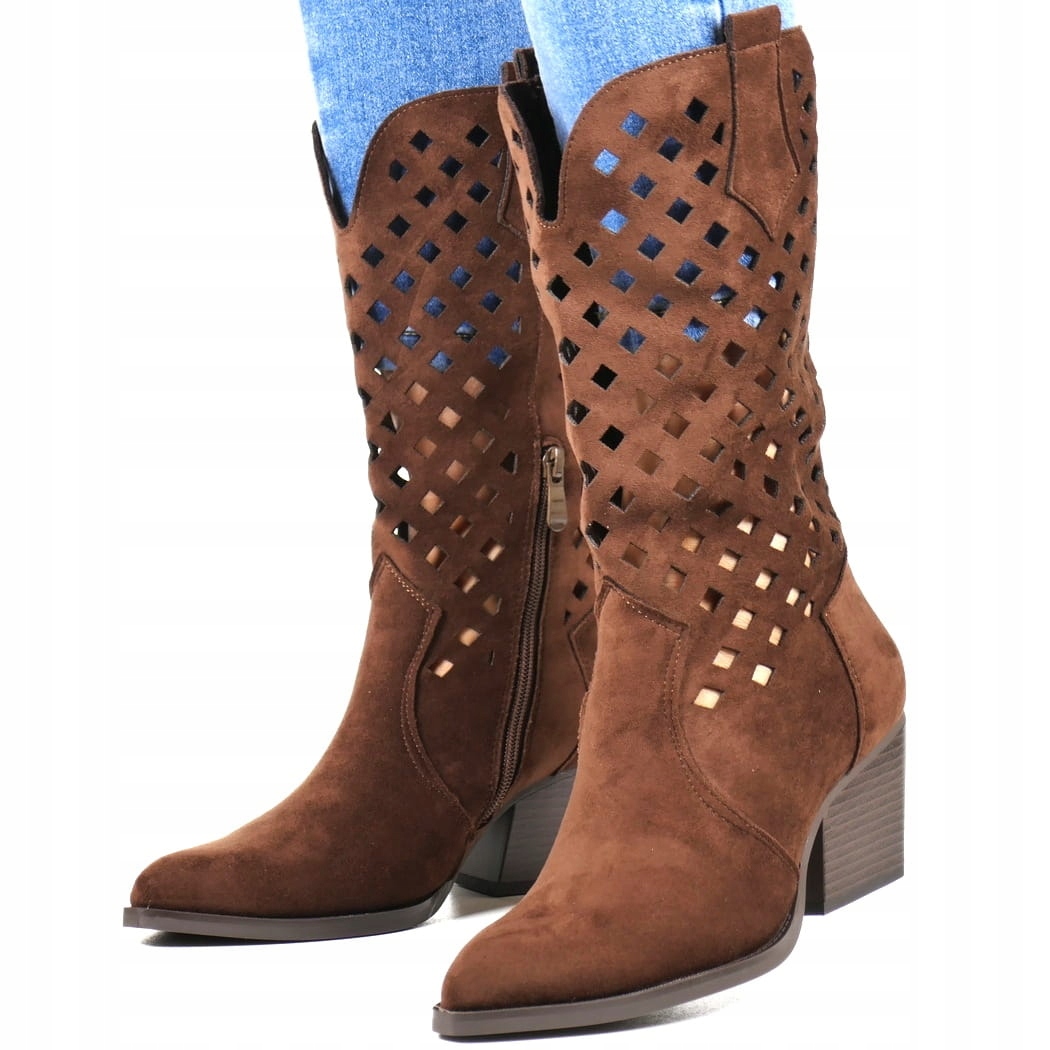 Dámské Kovbojské Boty Ažurové Kozačky Hnědé Semišové Módní Vystřihované New 38