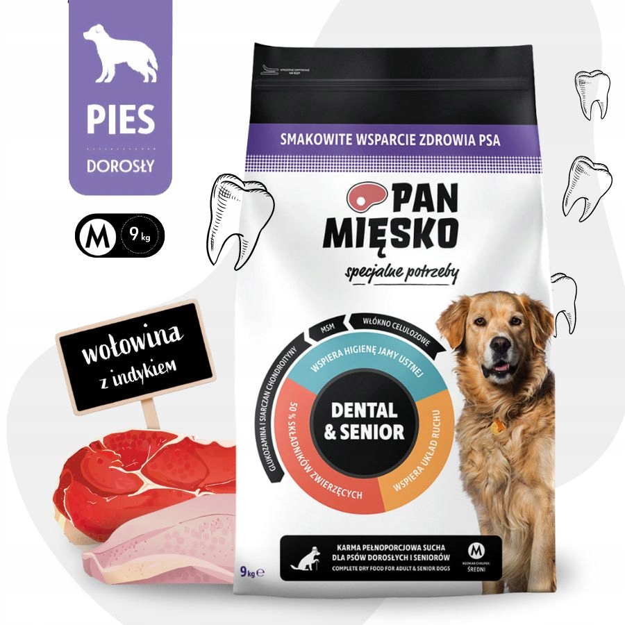 Levně Pan Mięsko Dental & Senior Krmivo suché pro psa Hovězí Maso Krůta M 9 kg