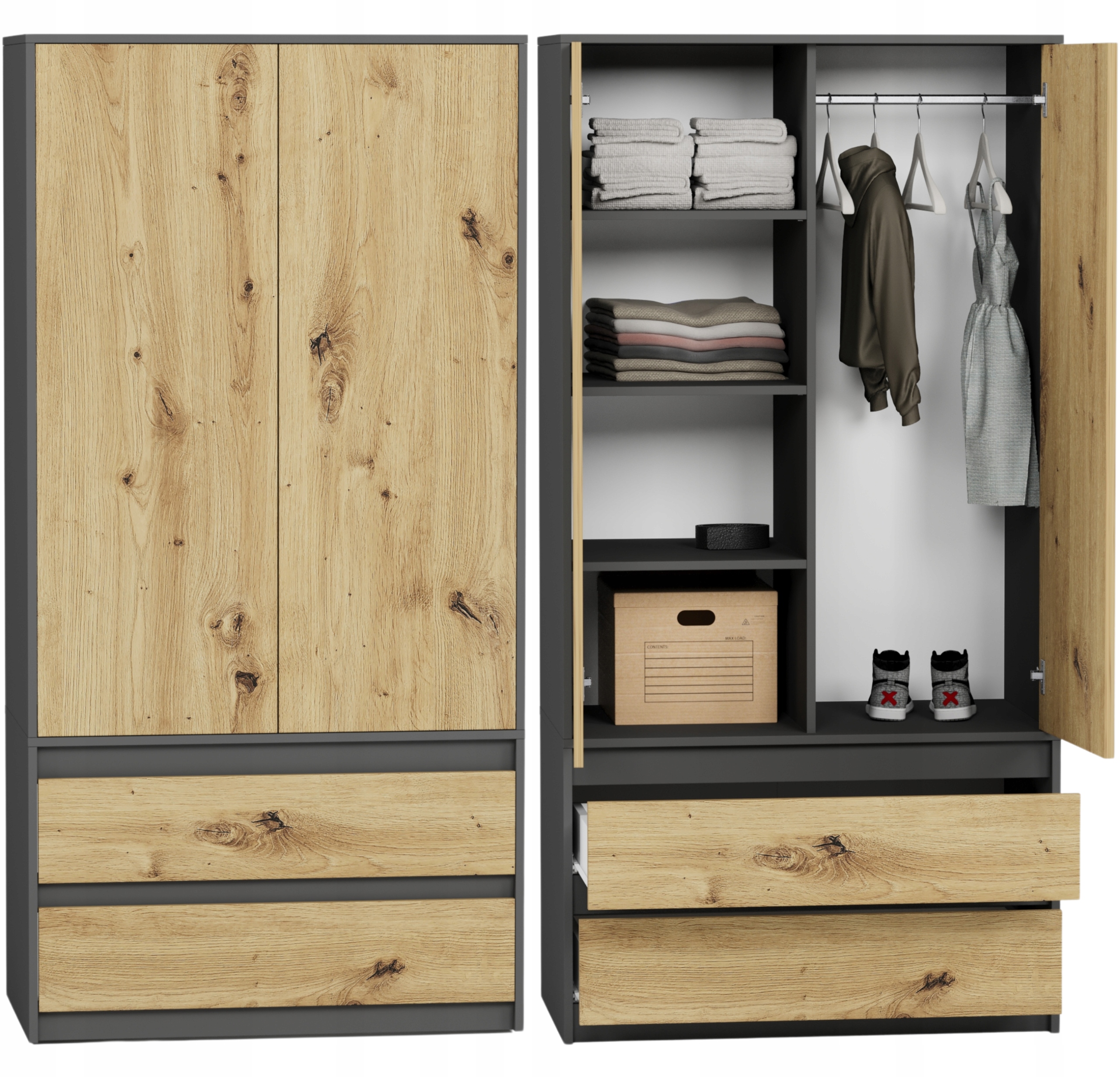 Skříň 90 cm 2 dveře 2 zásuvky antracit mix artisan B-9TIP