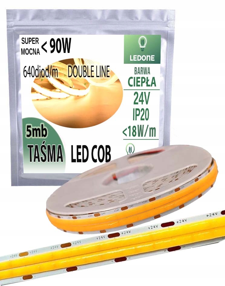 Led pásek Cob 24V silný 18W/m 1800 lm/m Neon linka Double teplá 5M