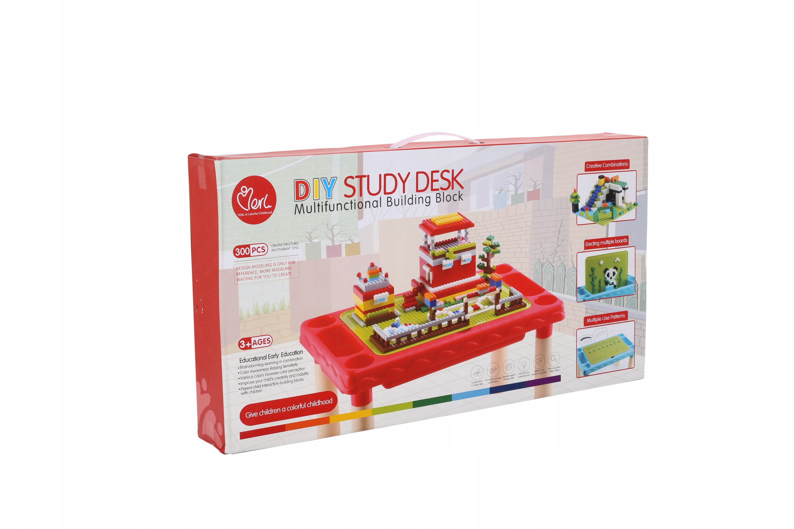 Stalas kaladėlėms + 300 daugiafunkcinių lavinamųjų kaladėlių. Baldų gylis 30 cm.