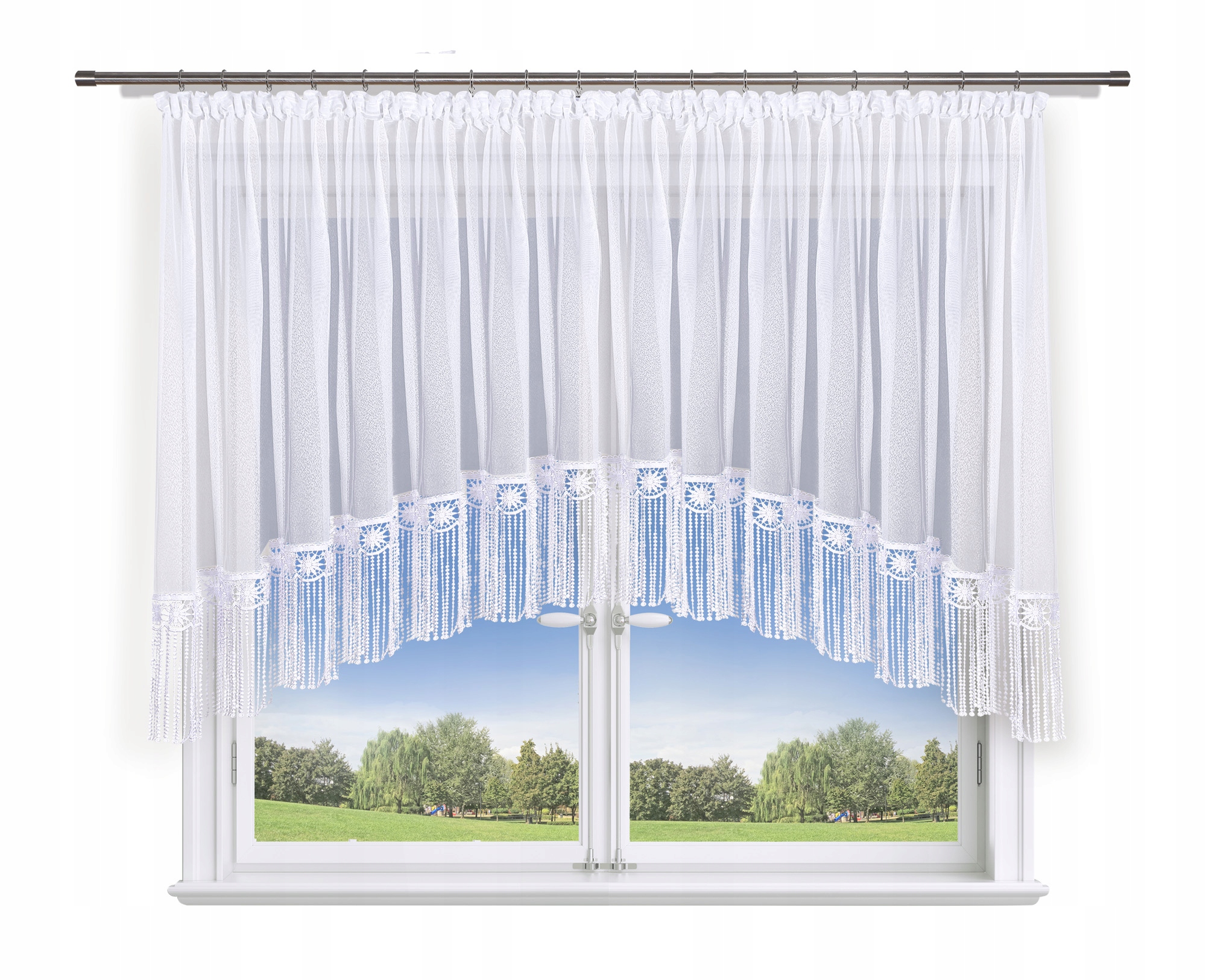 

Firana 300x150 łuk markizeta, 30cm frędzle kwiatek