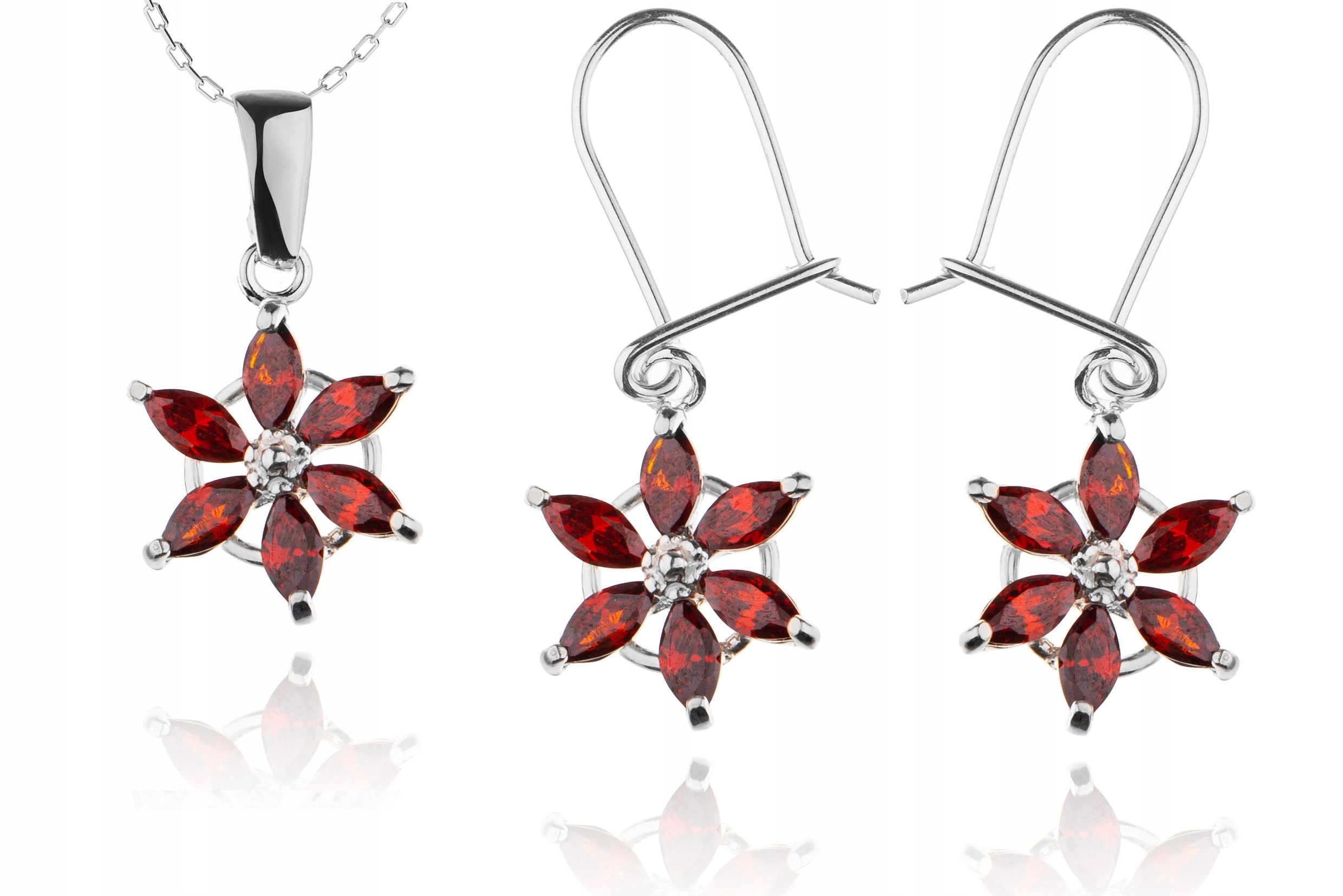 

Komplet Biżuterii Kwiatki Z Bordowymi Cyrkoniami