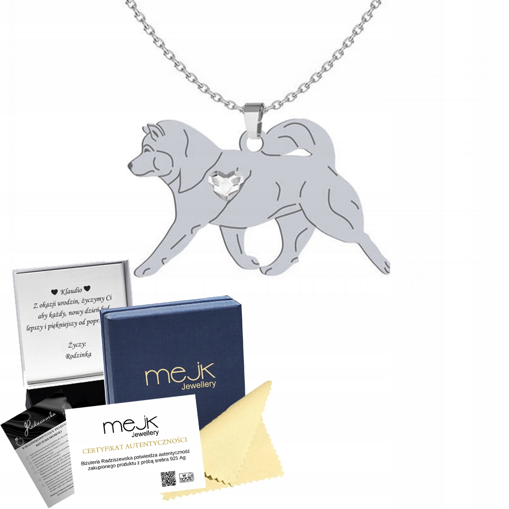 Stříbrný náhrdelník s aljašským malamutovým psem 925 Řetízek Gravírování Bonus