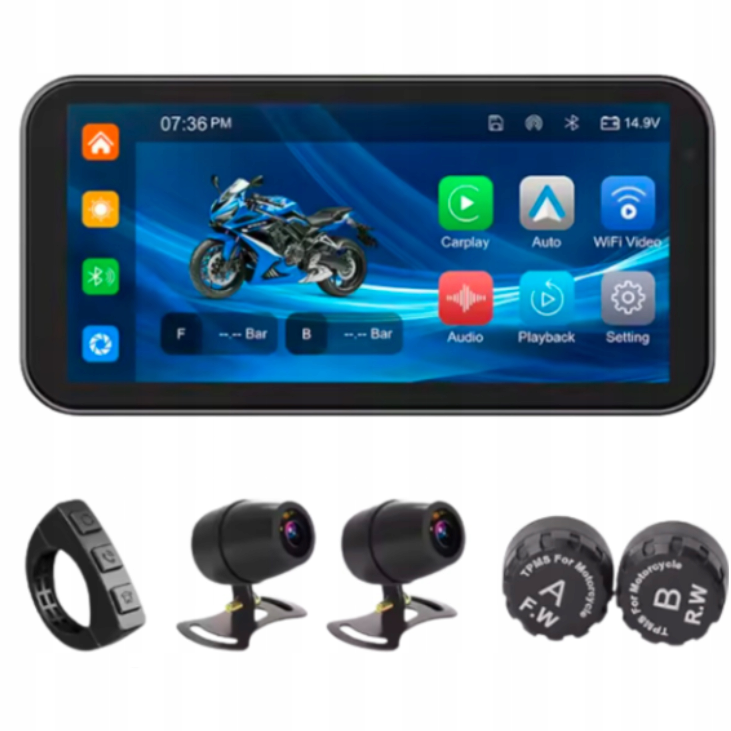 Motocyklová obrazovka s kamerami Carplay Gps Android Auto Vodotěsná navigace