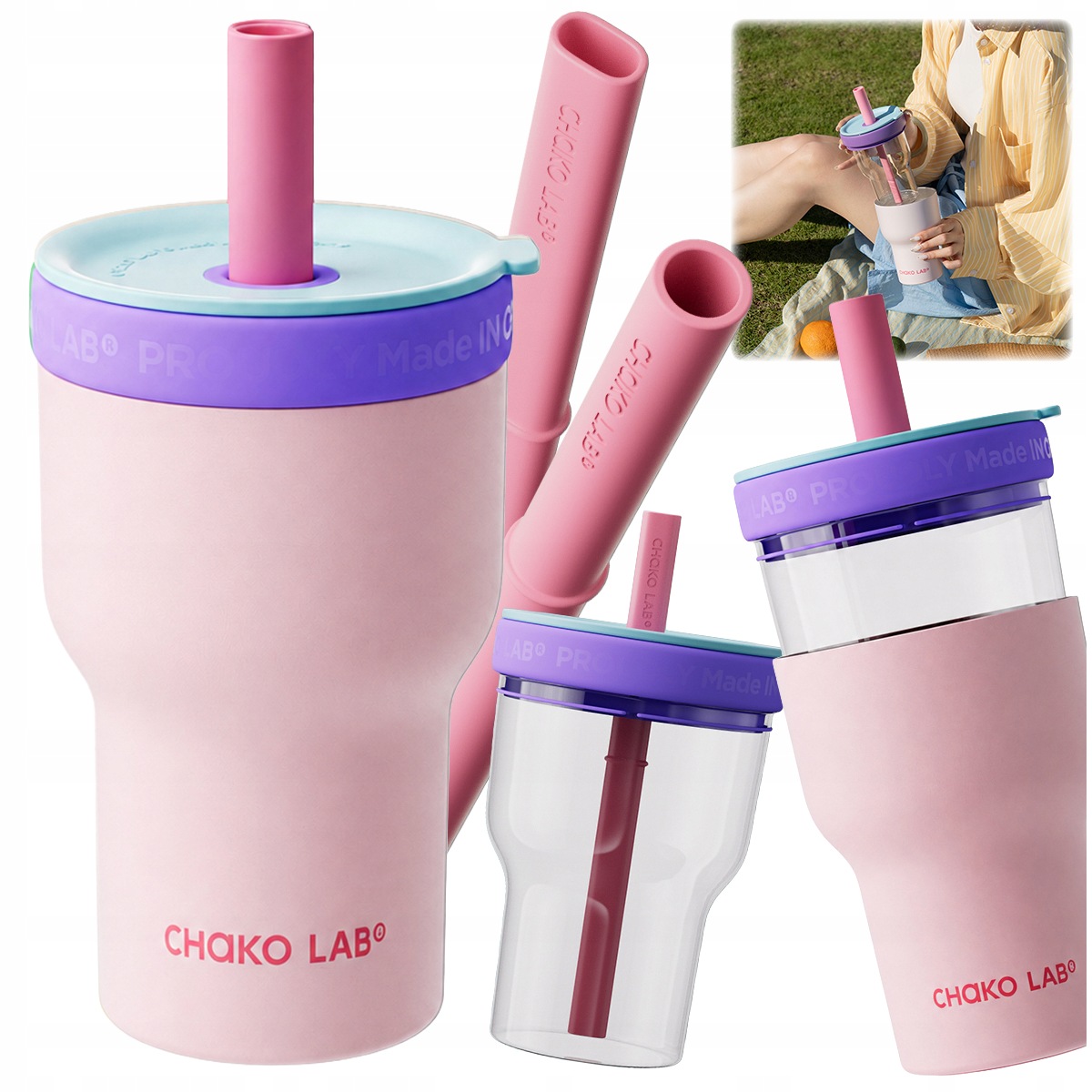 Kubek termiczny Chako Lab 2w1 600 ml szklany wkład różowy Sus 316