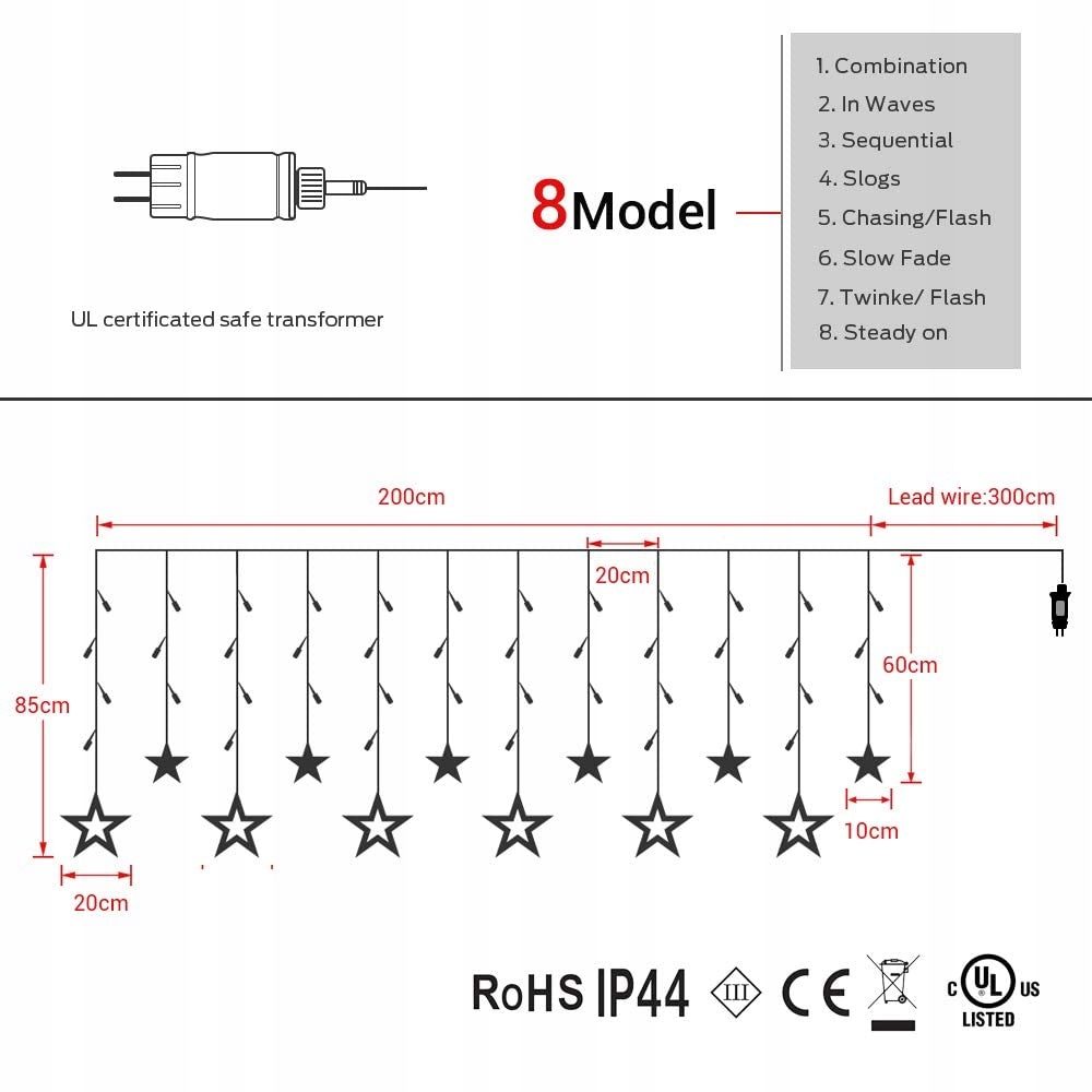 GLOBALINK Lampki Kurtyna Gwiazdki 138 LED 8 Trybów — miniatura 5
