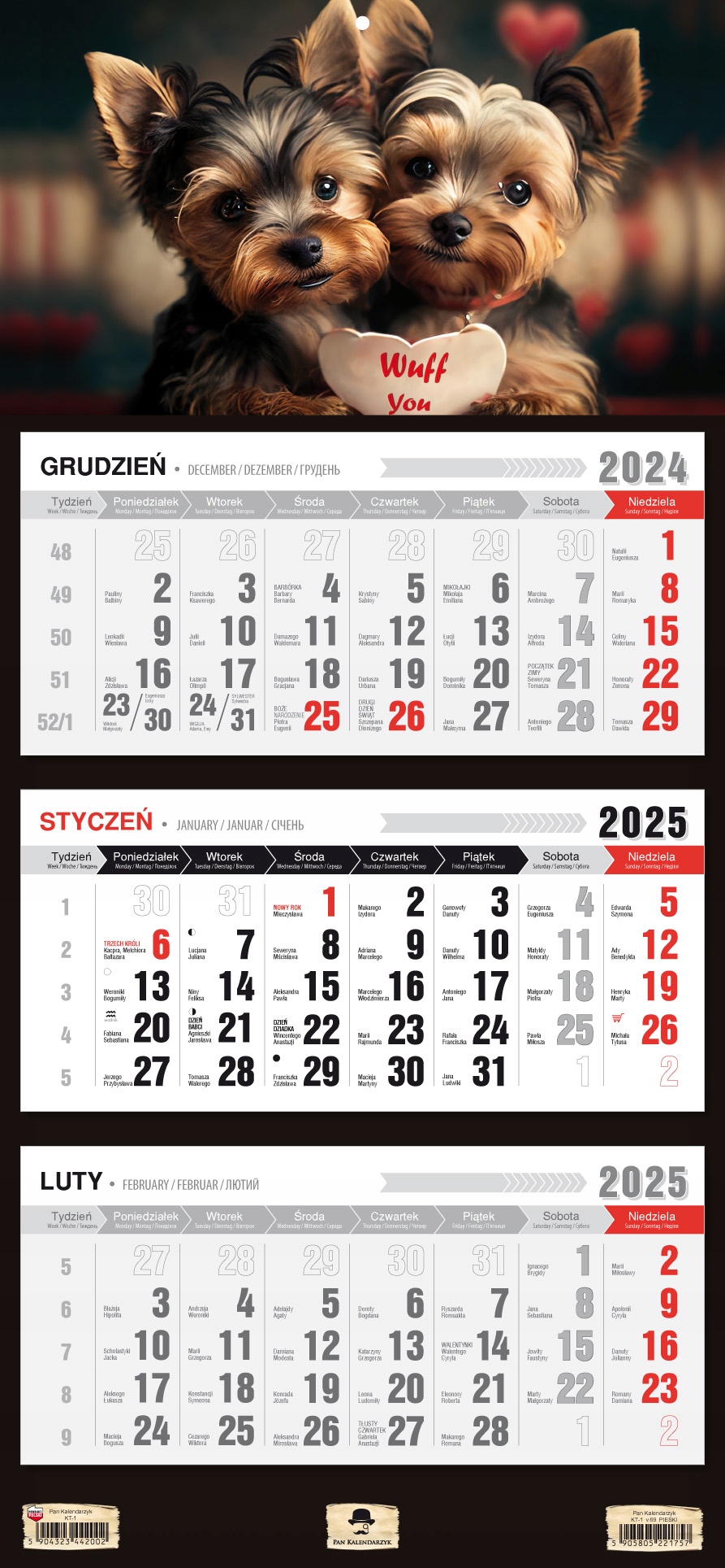 Kalendarz ścienny TRÓJDZIELNY 2025 PSY PIESKI