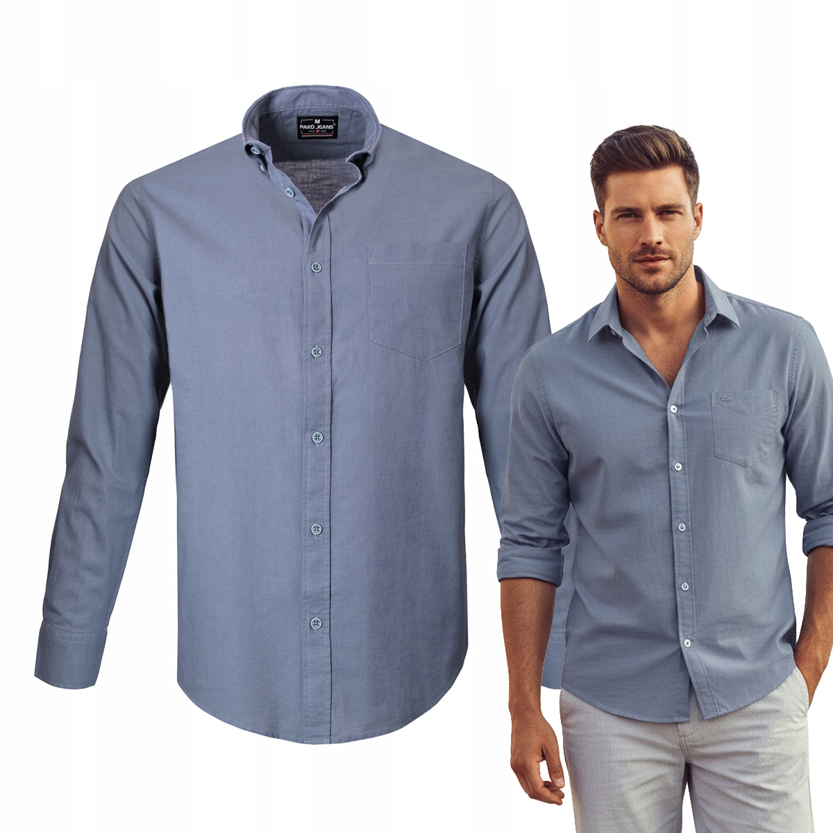 Pánská košile s dlouhým rukávem z oceli Lniana Regular Fit Pako Jeans