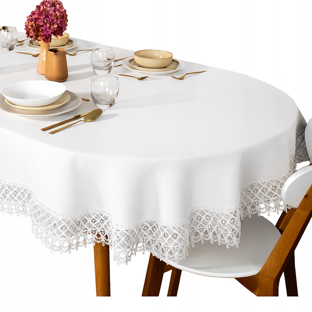 Oválný Bílý hladký Ubrus s gipiurou a krajkou 130x180 Ovál imitace Lnu