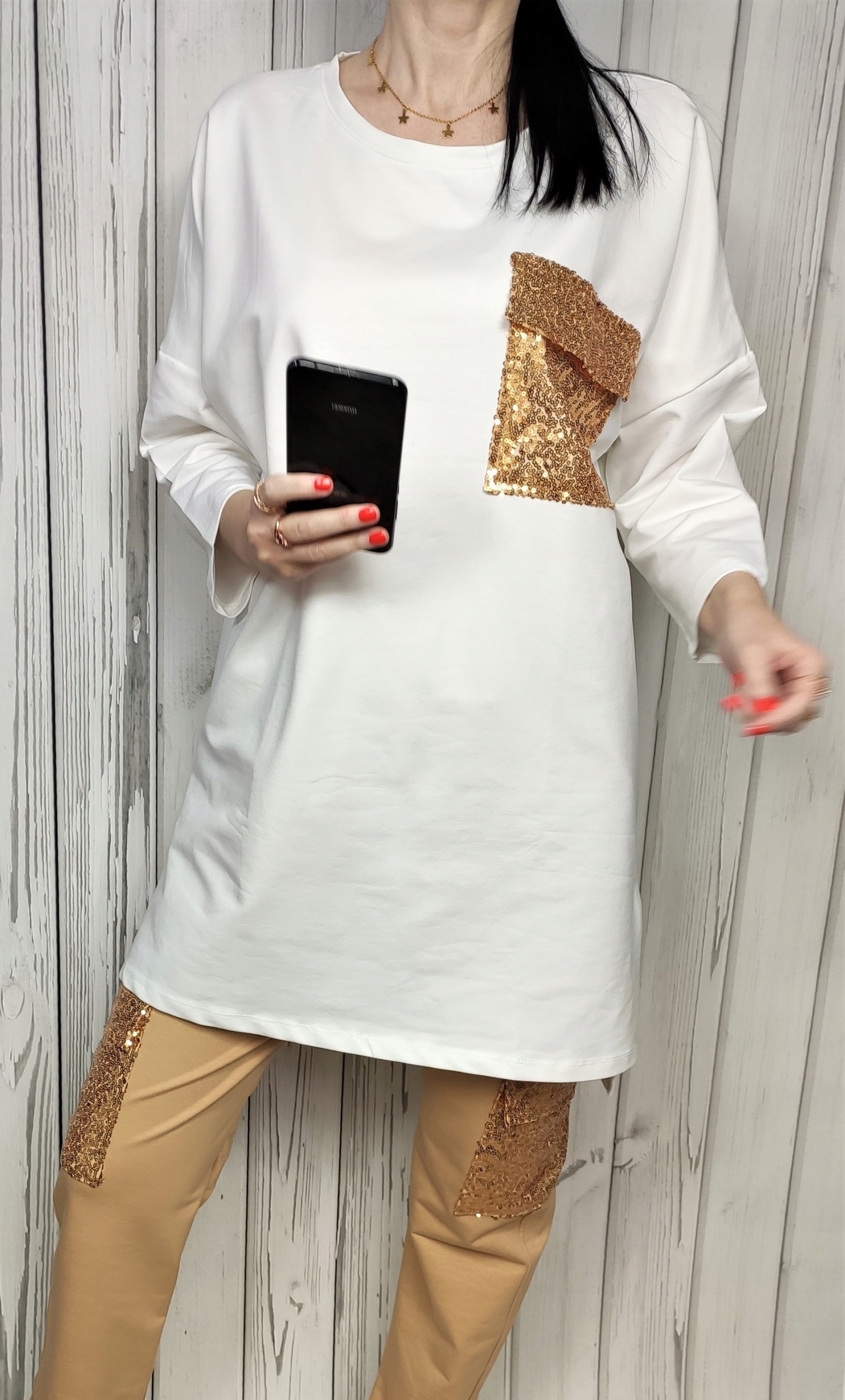 KOMPLET DRESOWY BAWEŁNIANY PIĘKNIE ZDOBIONY DUŻE ROZMIARY CEKINY 46 Rozmiar 46