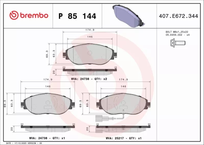 BREMBO KLOCKI HAMULCOWE P 85 144X Producent części Brembo