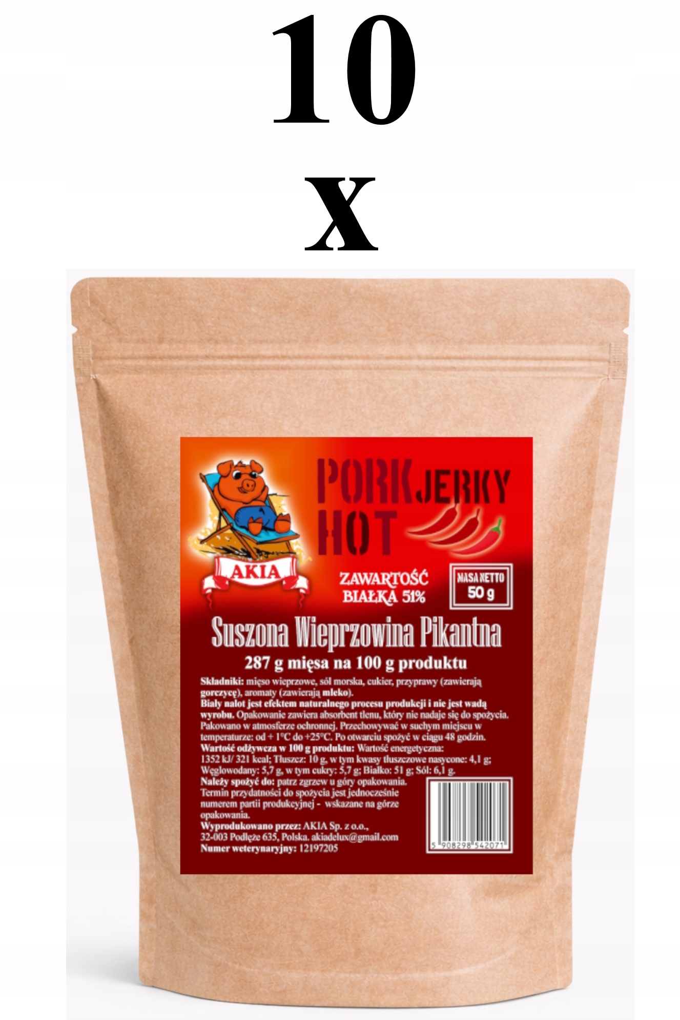 Levně Akia, Sušené vepřové maso, Sušené vepřové maso Pikantní 10 ks x 50 g