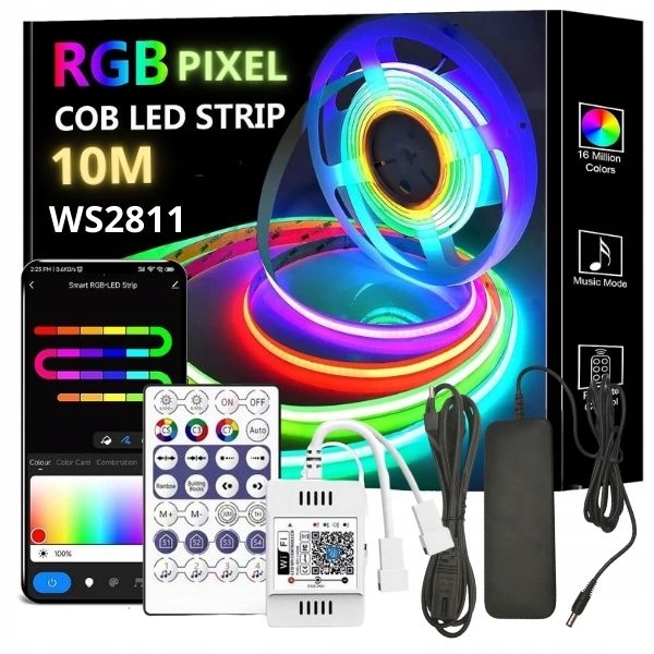 10m Cyfrowa Taśma Led Cob Rgb Pixel WS2811 Aplikacja Muzyka Pilot Zasilacz