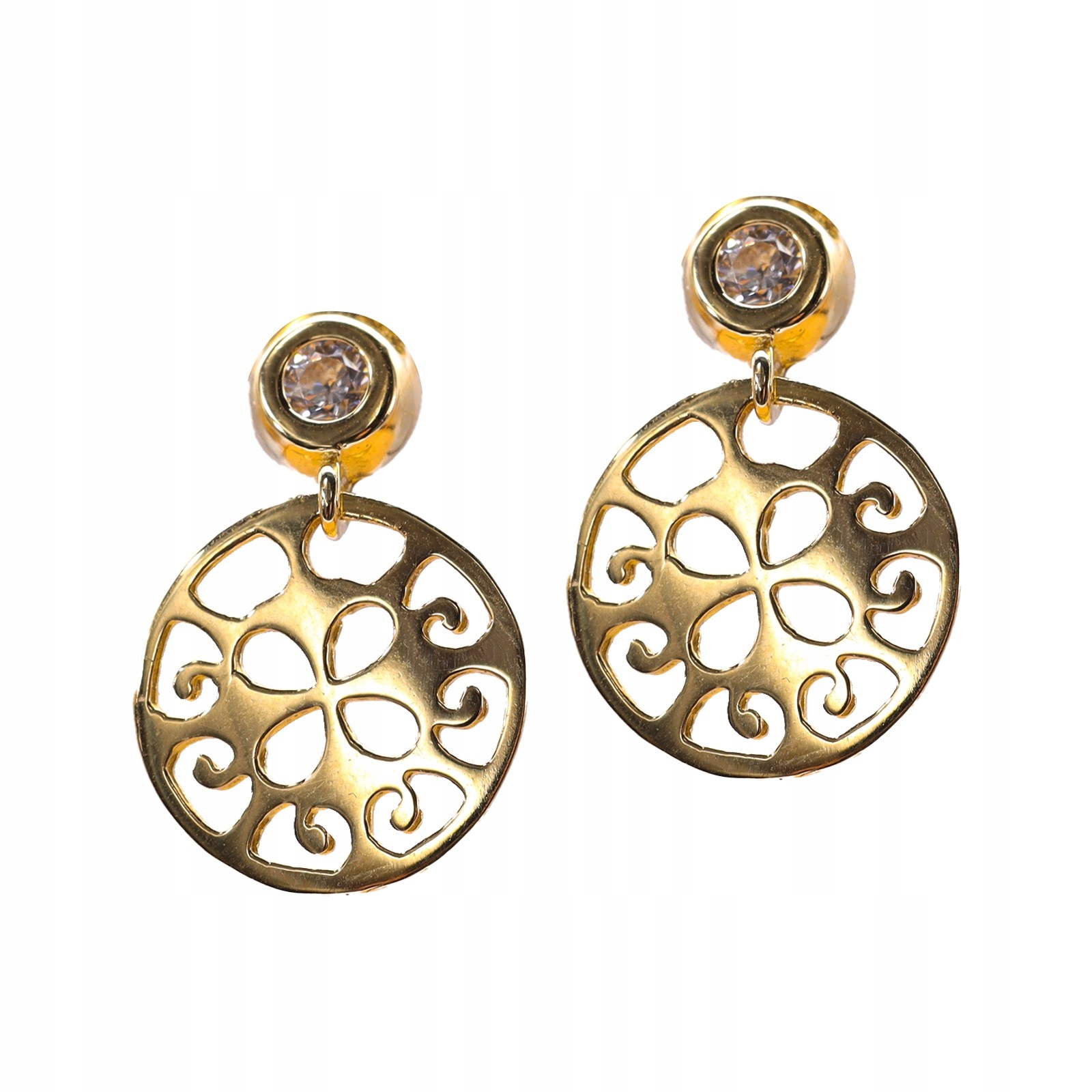 Zlaté náušnice 585, prolamovaný kruh, zirkon tyčinka