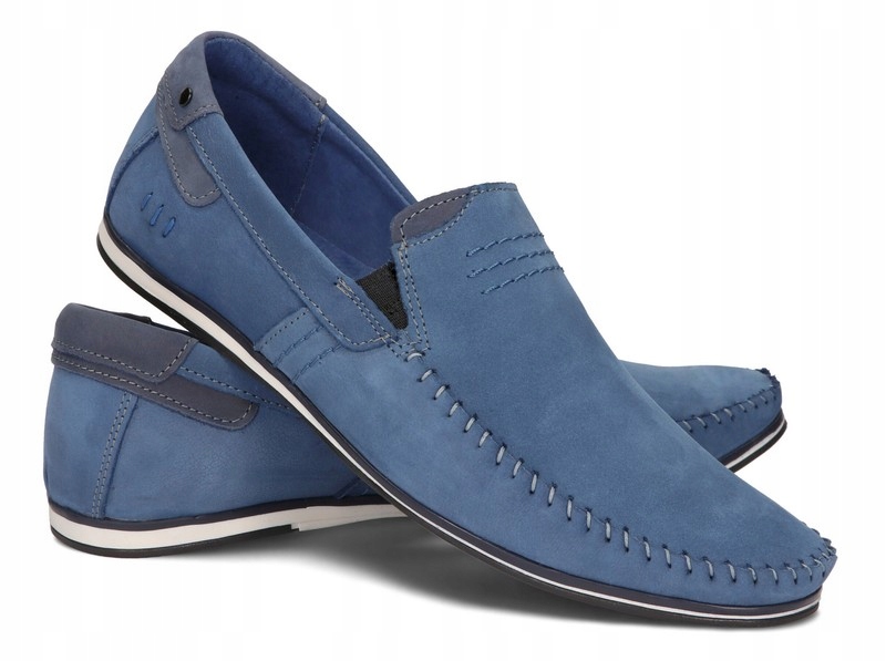 Mokasyny Buty Męskie Wsuwane Skóra Naturalna Nubukowa 876 Niebieski 41