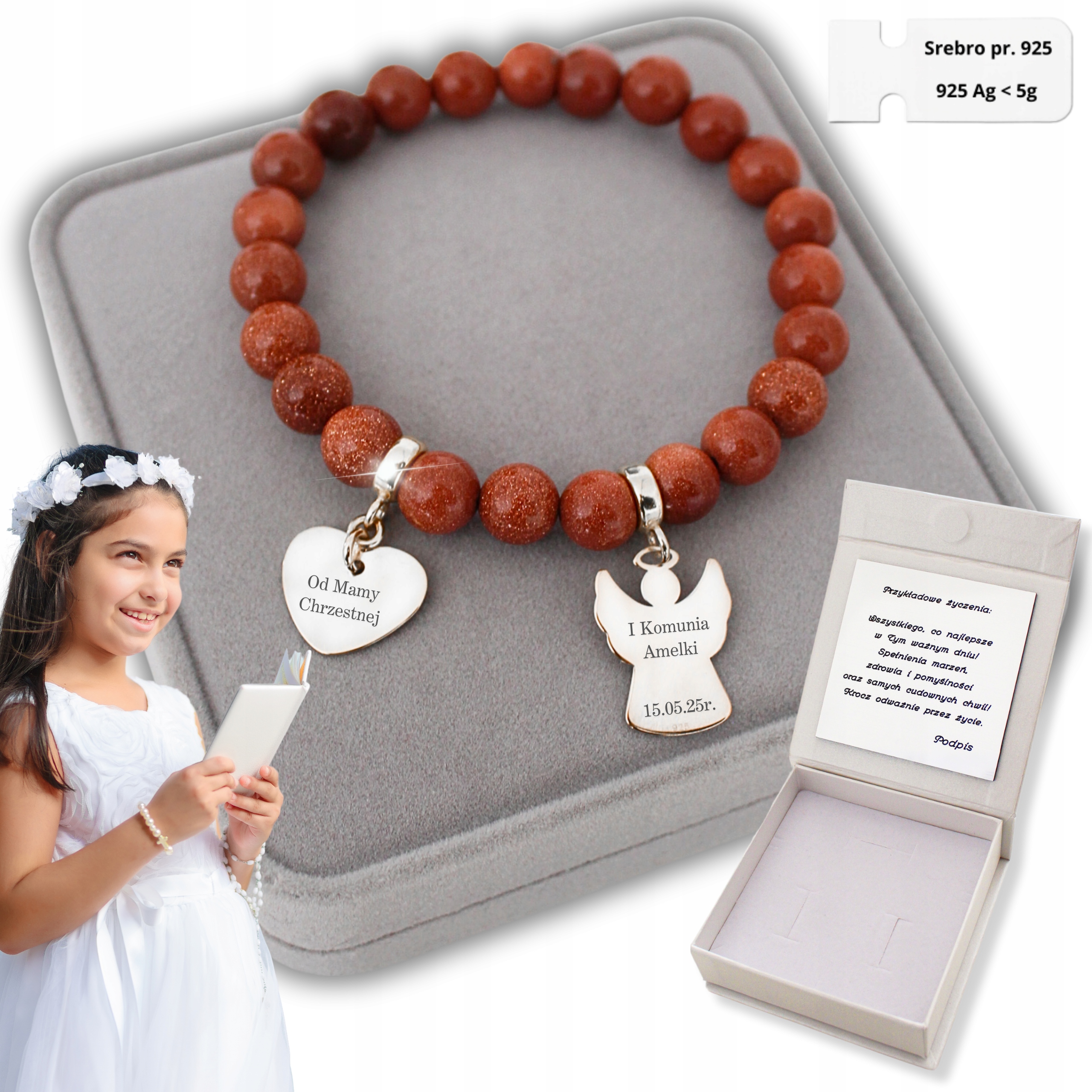 Stříbrný náramek s andělem pro dívku Srdce k přijímání Gravírování 925