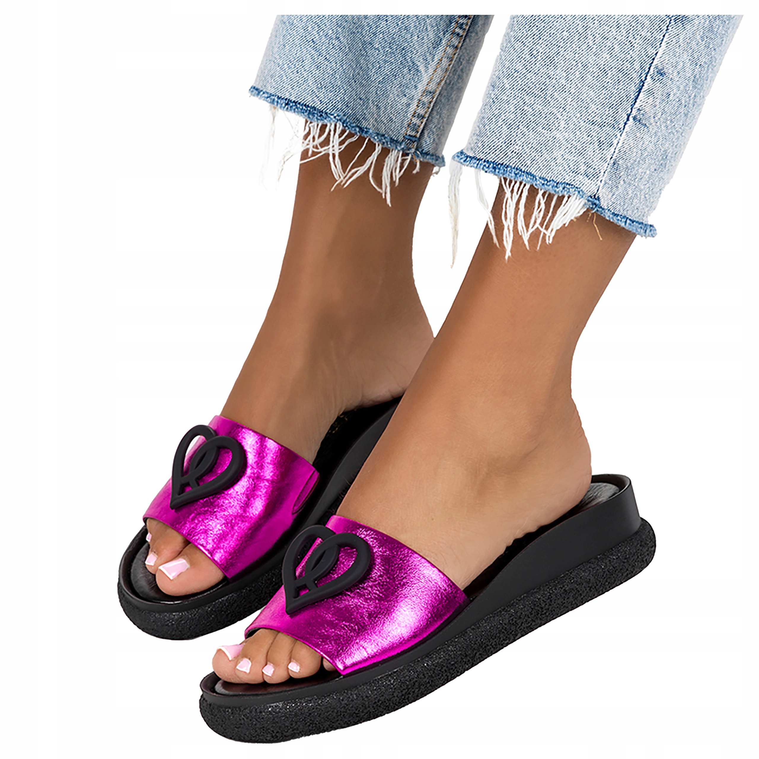 Fuchsiové Nazouváky Dámské Kožené Lesklé Ozdobné Srdce Pohodlné r 37