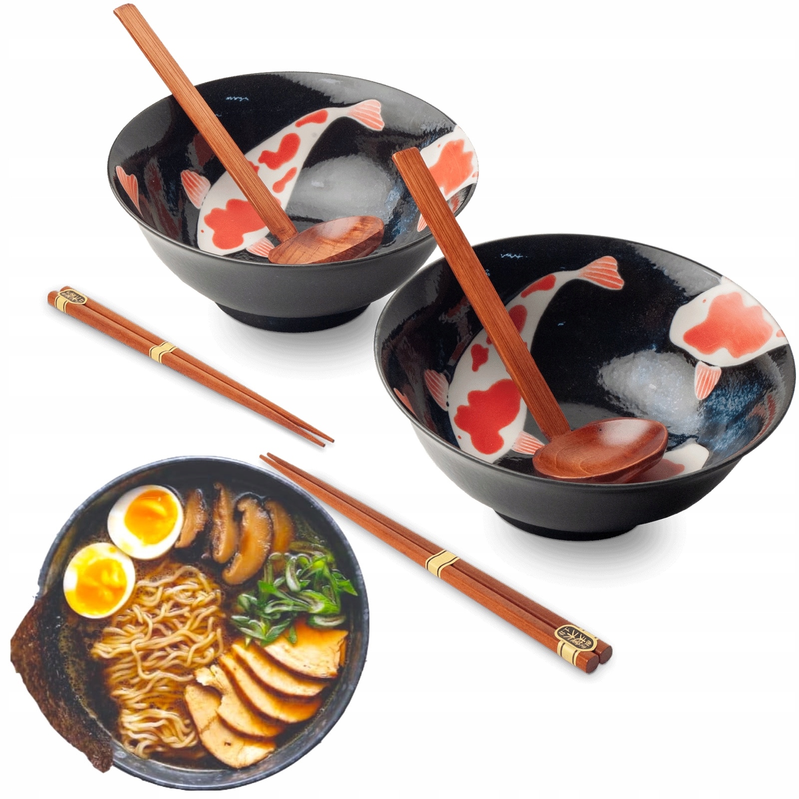 Sada misiek Chochelki Paličky na polievku z cestovín Ramen Motív Koi Edo Japan