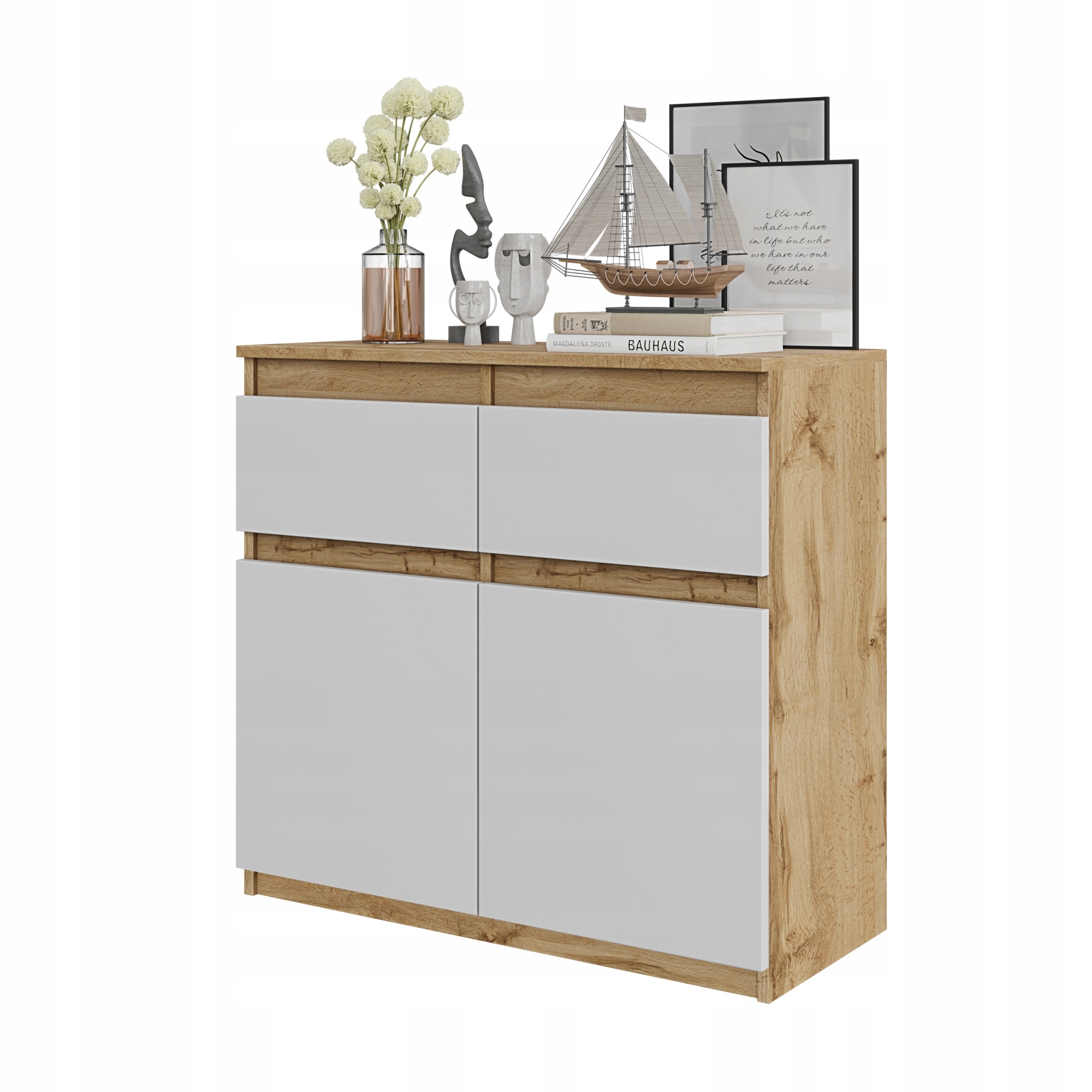 KOMODA 80 CM DĄB WOTAN / BIAŁY MAT 2 SZUFLADY, 2 DRZWI, 2 PÓŁKI, SALON