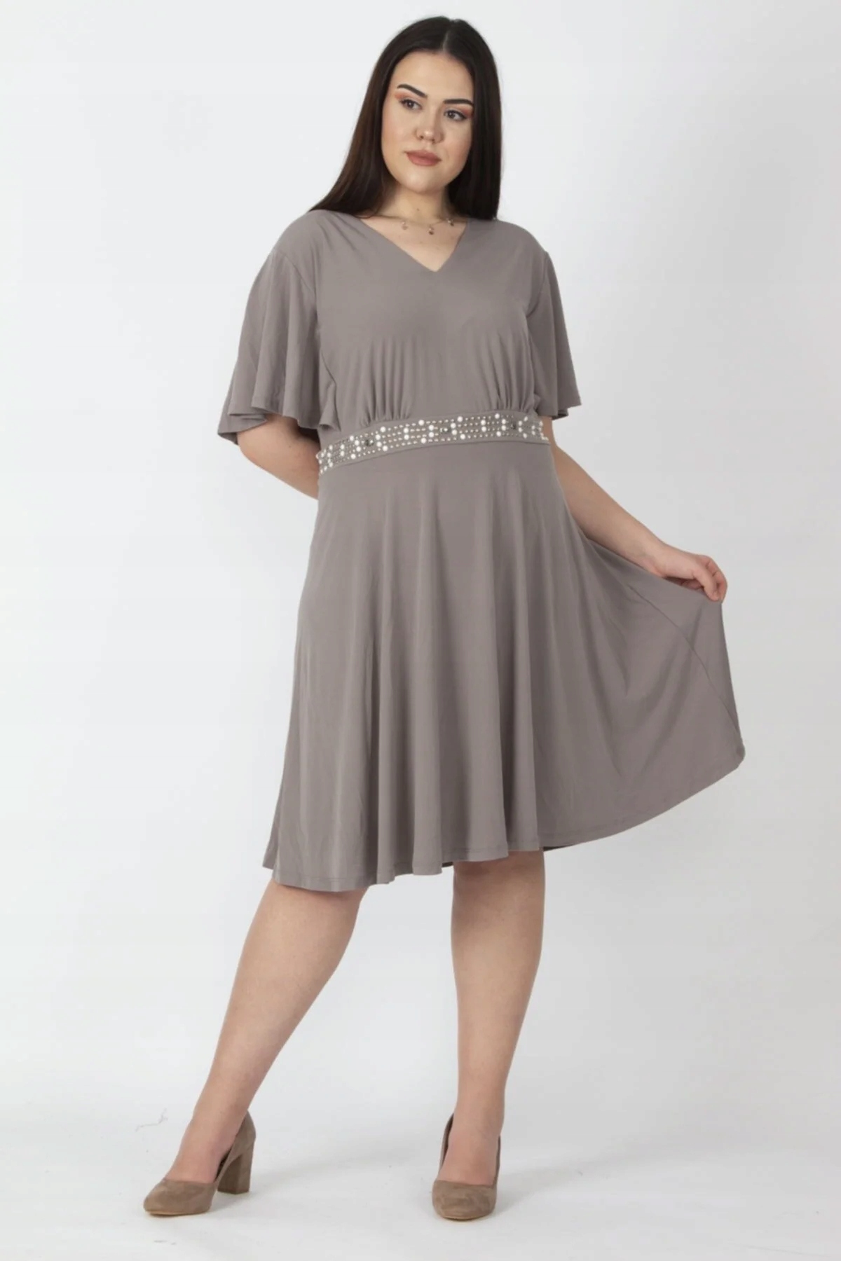 Šedé Šaty S Páskem A Plisováním Plus Size 36/38 5GA