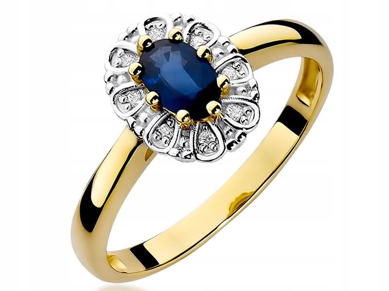 Zlatý prstýnek 585 se srdíčky, brilianty, safír 10, klasický vzor dárek