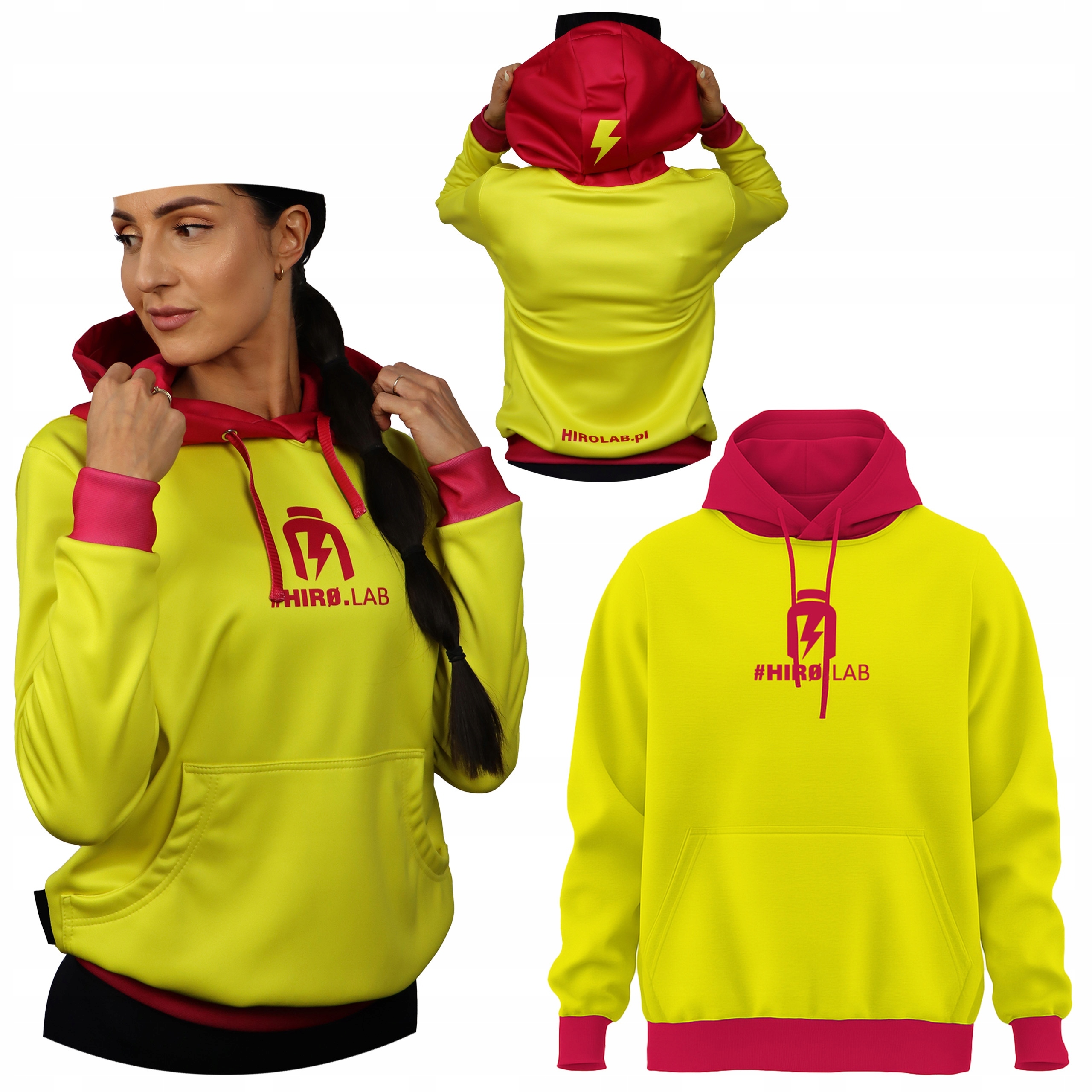Hiro.Lab Bluza Damska z Kapturem typu Hoodie r. S Sportowa Żółty Różowy