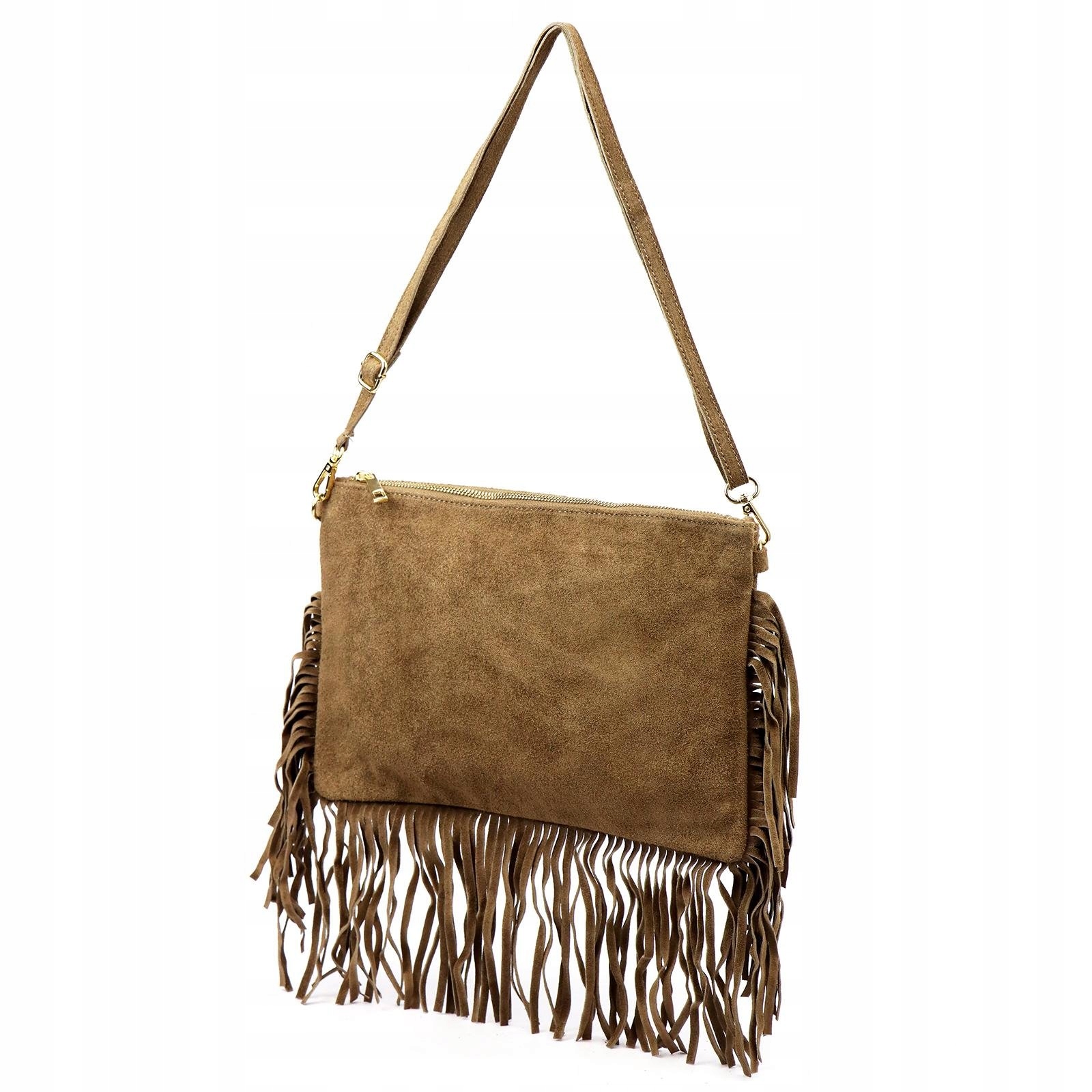 Dámská kabelka přes rameno kožená hnědá taupe s třásněmi