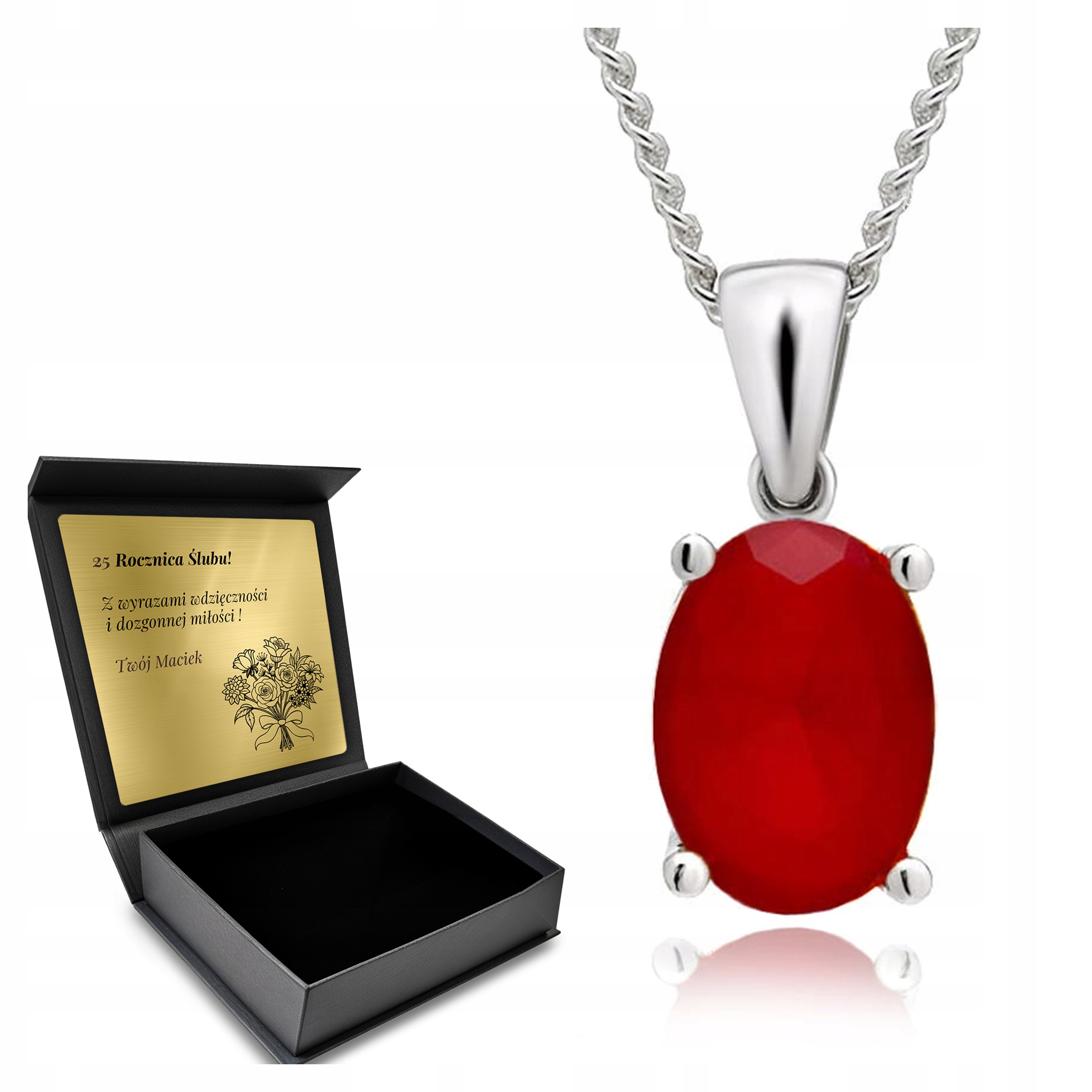 Stříbrný Náhrdelník 925 Rubín Krásný Dárek pro ženu Gravírování Bonus