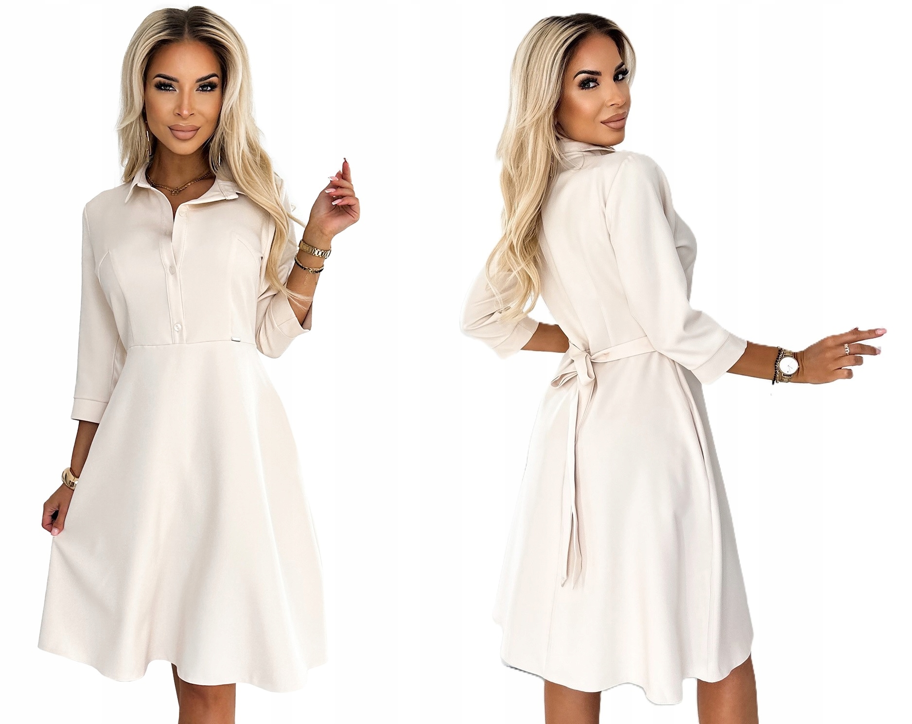 Rozkládací Košilová Šaty S Knoflíky A Límcem, Béžová, Velikost M