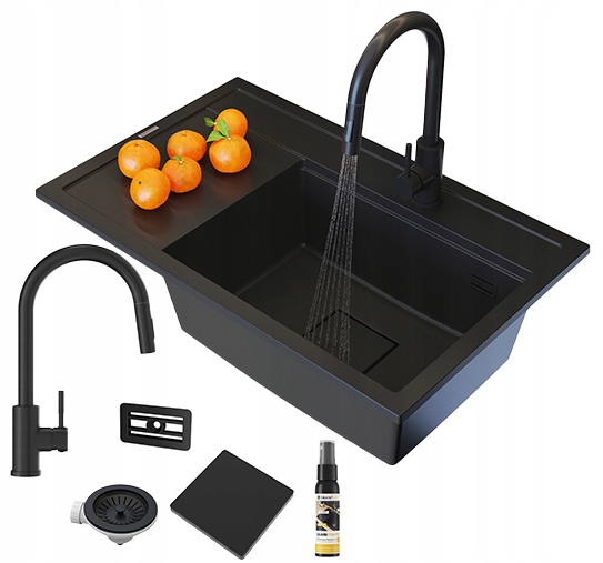 Granitový Drez, Čierna Kuchynská Batéria, Moderný Set, Pravá Komora