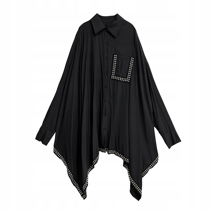 0011 Oversize košile s kamínky – asymetrická tunika, jedinečný design Y2K