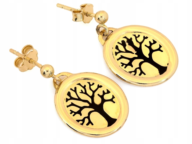 Zlaté náušnice závěsné 585 oválné s smaltovaným stromkem, módní