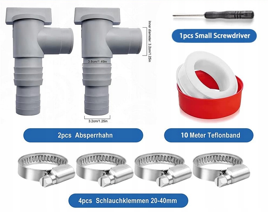 Zawór Basenowy Kurek z Przyłączem do Węża 32mm Zestaw Przyłączeniowy 2szt Średnica 32 mm