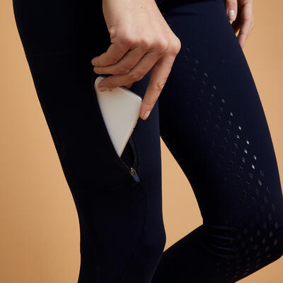 Bryczesy damskie FOUGANZA 500 Silicone Fullgrip Kolor niebieski