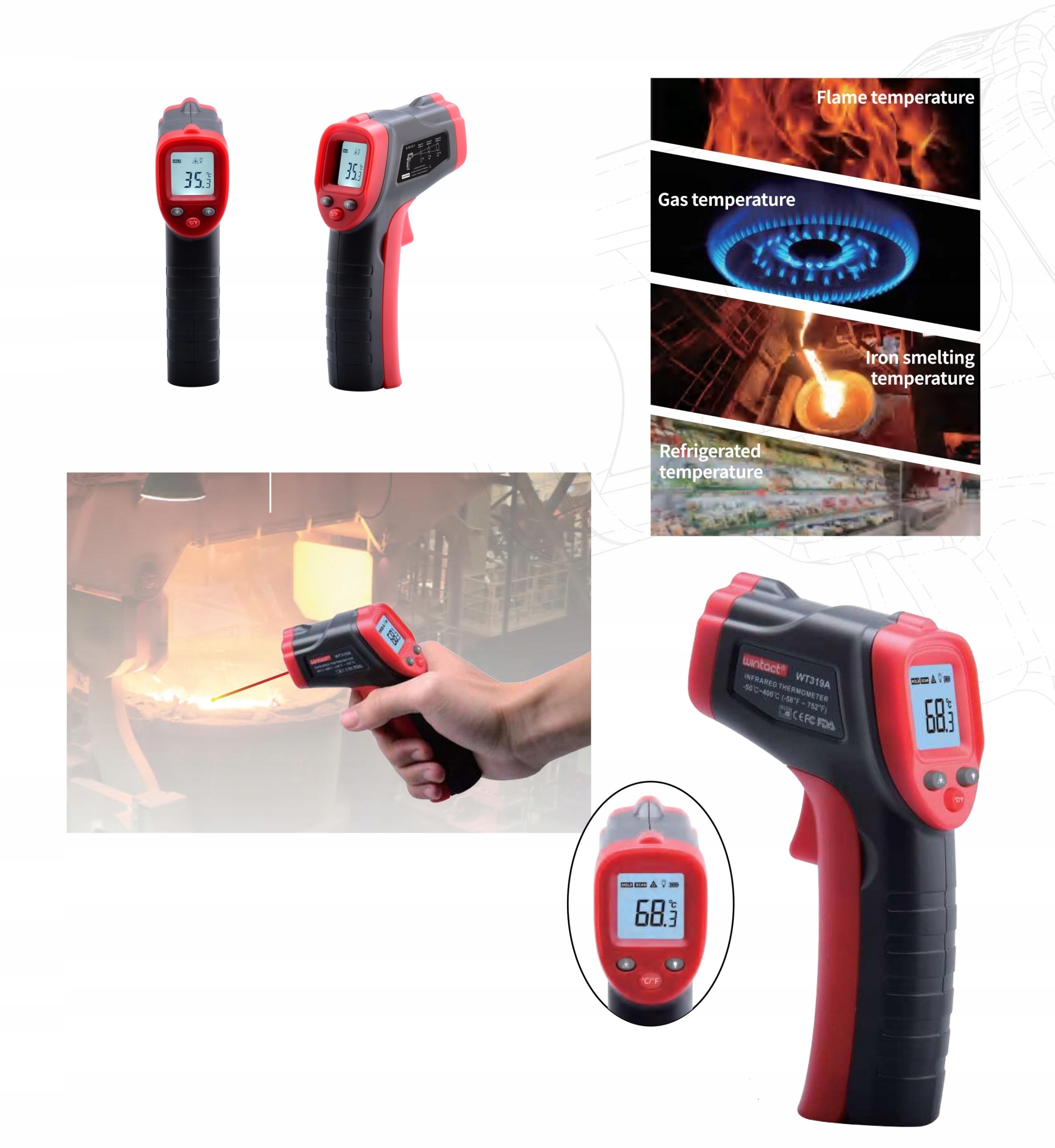 PIROMETR TERMOMETR LASEROWY BEZDOTYKOWY -50 +550 Model WT319B