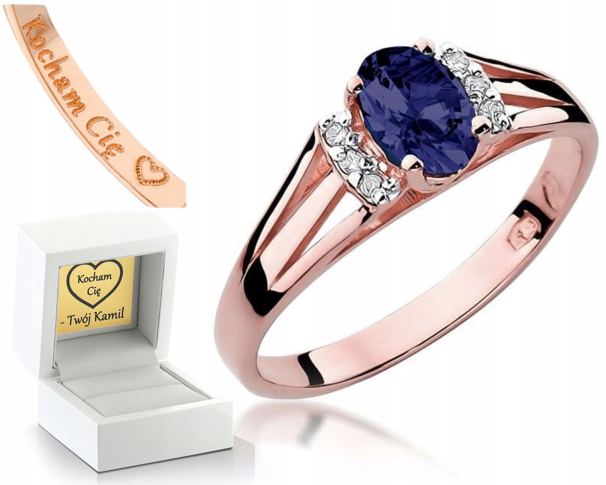 Růžový Zlatý Prstýnek Se Safírem A Diamanty Ryzost 585 14K Jako Dárek