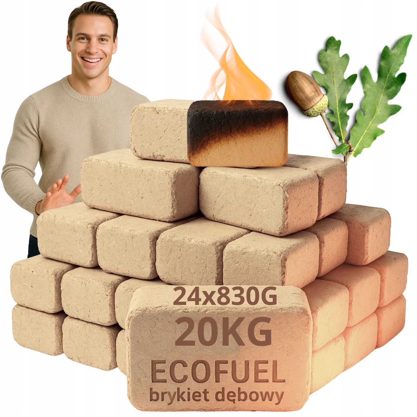 ДРЕВЕСНЫЙ БРИКЕТ ИЗ ДУБА, ДЛИННЫЙ ГОРЯЩИЙ ЧИСТЫЙ ДУБ ECOFUEL RUF 20 КГ